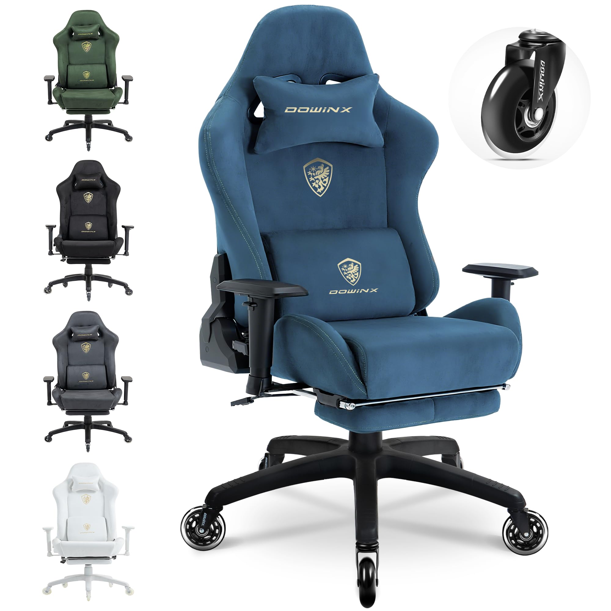 Dowinx Gaming Stuhl,Ergonomischer Wildlederimitat Gamer Chair,Gaming Sessel,Verstellbar Fußstütze und 3D Armlehnen,200KG Tragkraft Bürostuhl mit Geräuschlose Rollen,Schreibtischstuhl