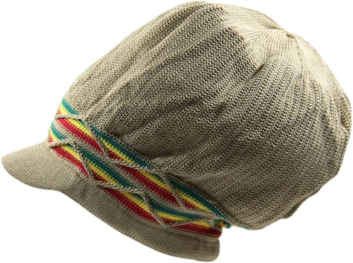 RW 100% Cotton Rasta Dreadlock Wave Beanie Visor (Khaki/Rasta), One Size