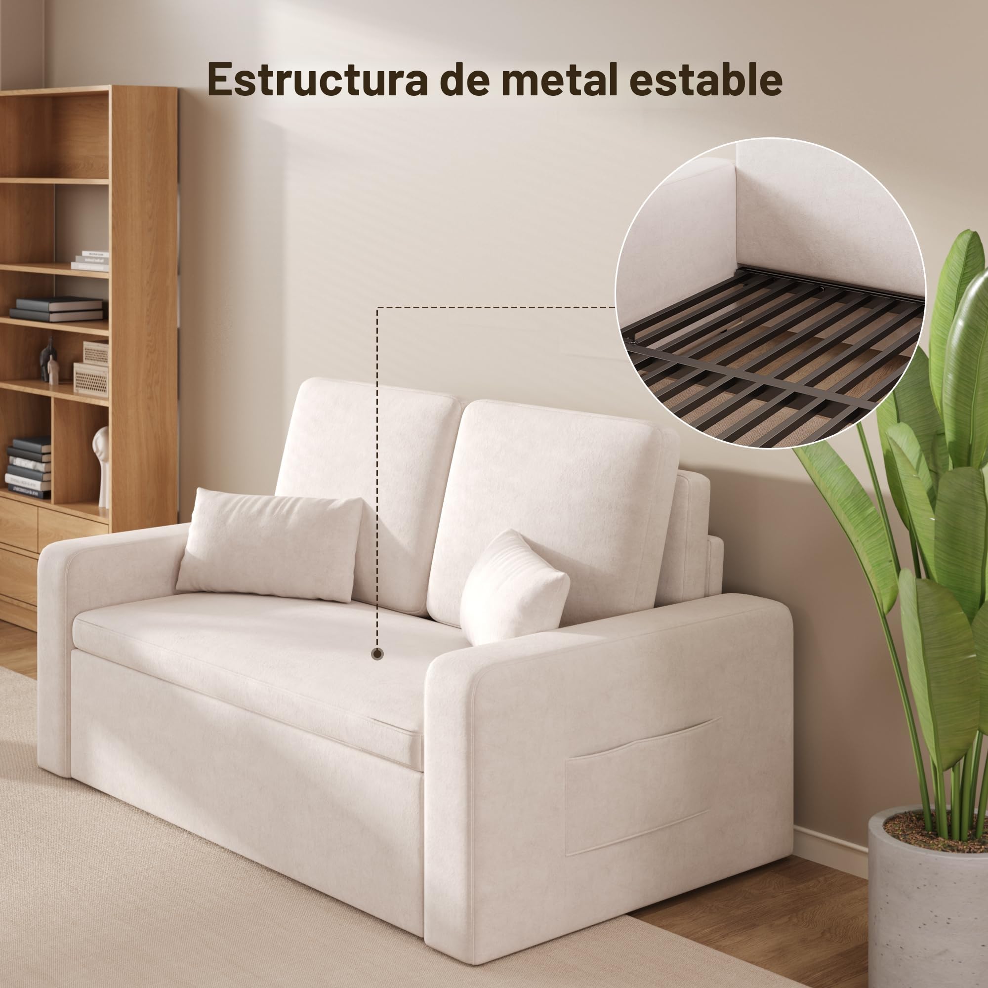 Xbro Sofa Cama 2 Plazas, Sillón Convertible 3 en 1 con Cama, Dos Bolsillos de Almacenamiento, Tapizado en Terciopelo, 147 x 196 x 87cm, Incluye Dos Cojines,Beige