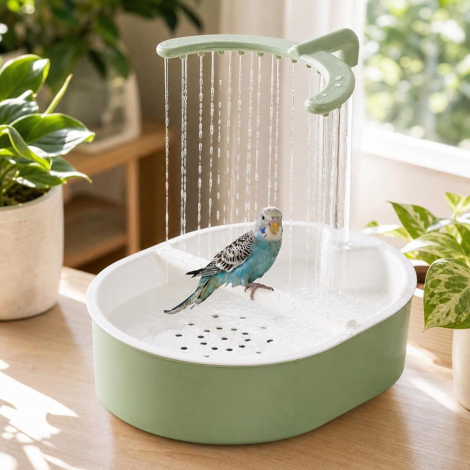 Baño Automático Ajustable para Loros, Bandeja Espaciosa, Fácil Montaje, Compatible con Parejas, Baño Higiénico para Agapornis, Verde