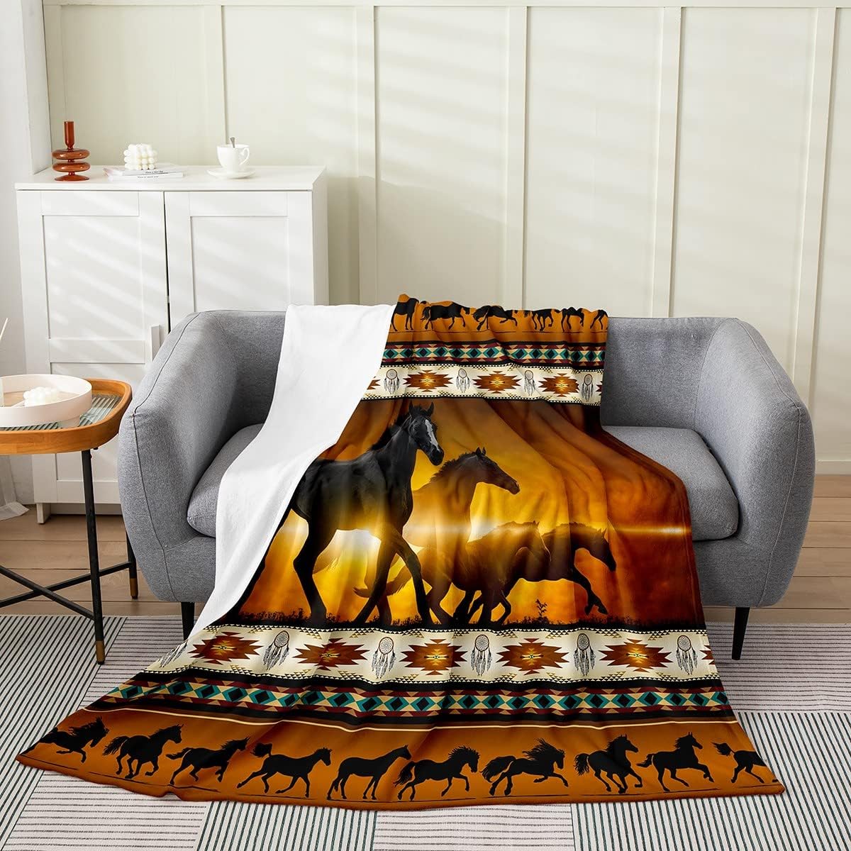 Brown Aztec Blanket African Tribal Horse Throw Blanket Farm Animals Fleece Blanket Ethnic Tribe Arrow Dream Catcher Throw 50x60 Inch Flannel Blanket Southwest Native Exotic Nordic Sherpa Blanket