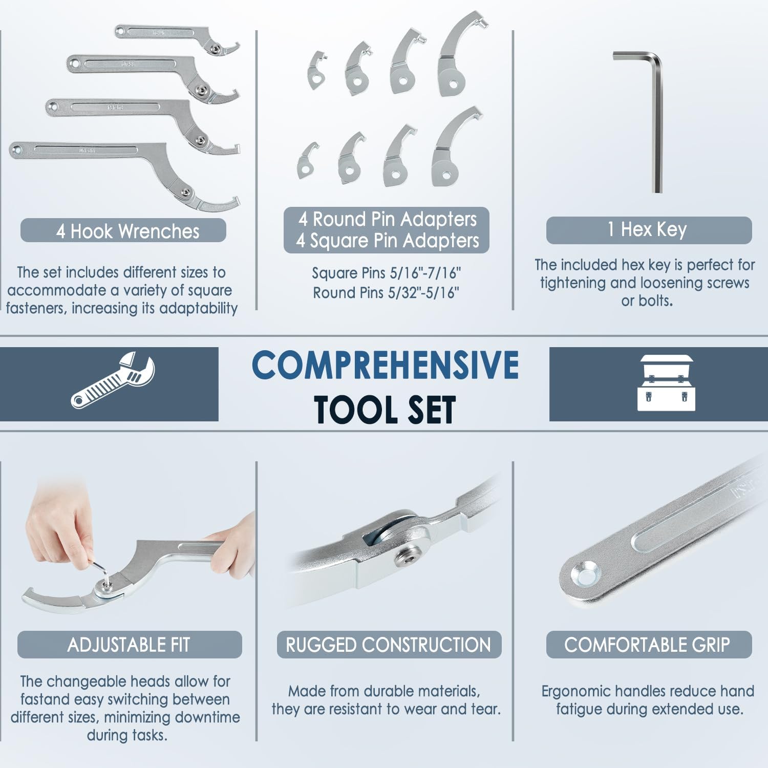 8pc Adjustable C Pin Spanner Wrench Tool Set, Round Head, Spanner Nut Wrench Tool with Changeable Heads for Pipes Heating Cars, Coil over Hook Wrenches for Suspension System, 3/4" to 6-7/10"