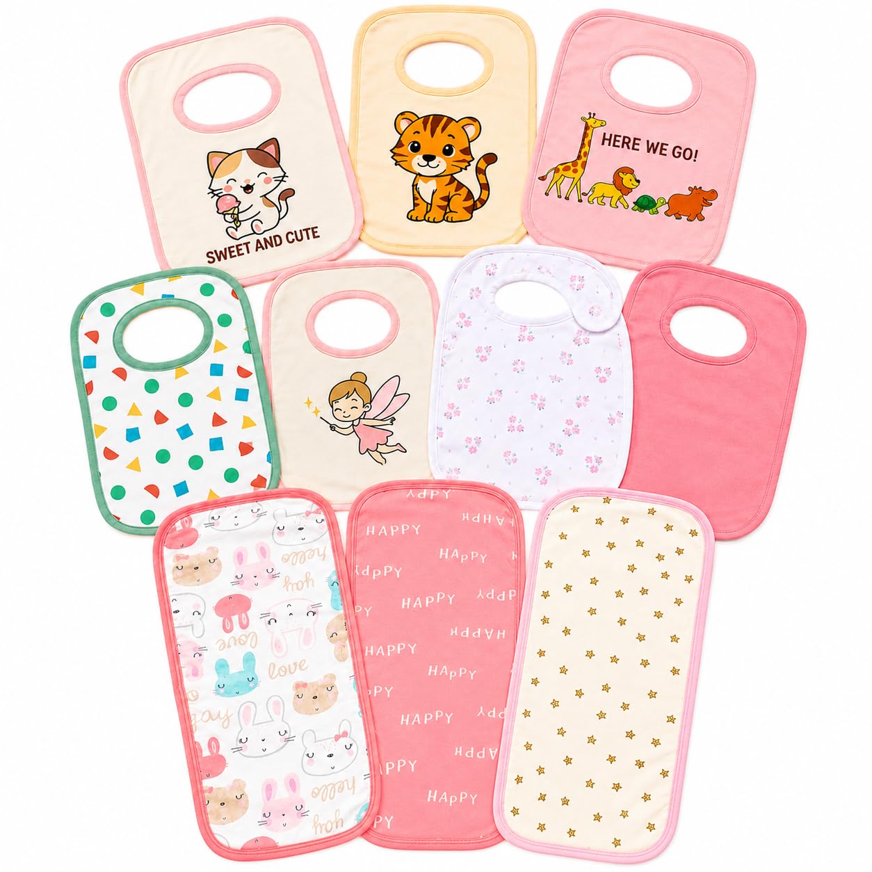 Feeding Station Combo – 7 Bibs + 3 Burp Cloths for Baby, Soft Cotton, Assorted Prints, Boy-image-27