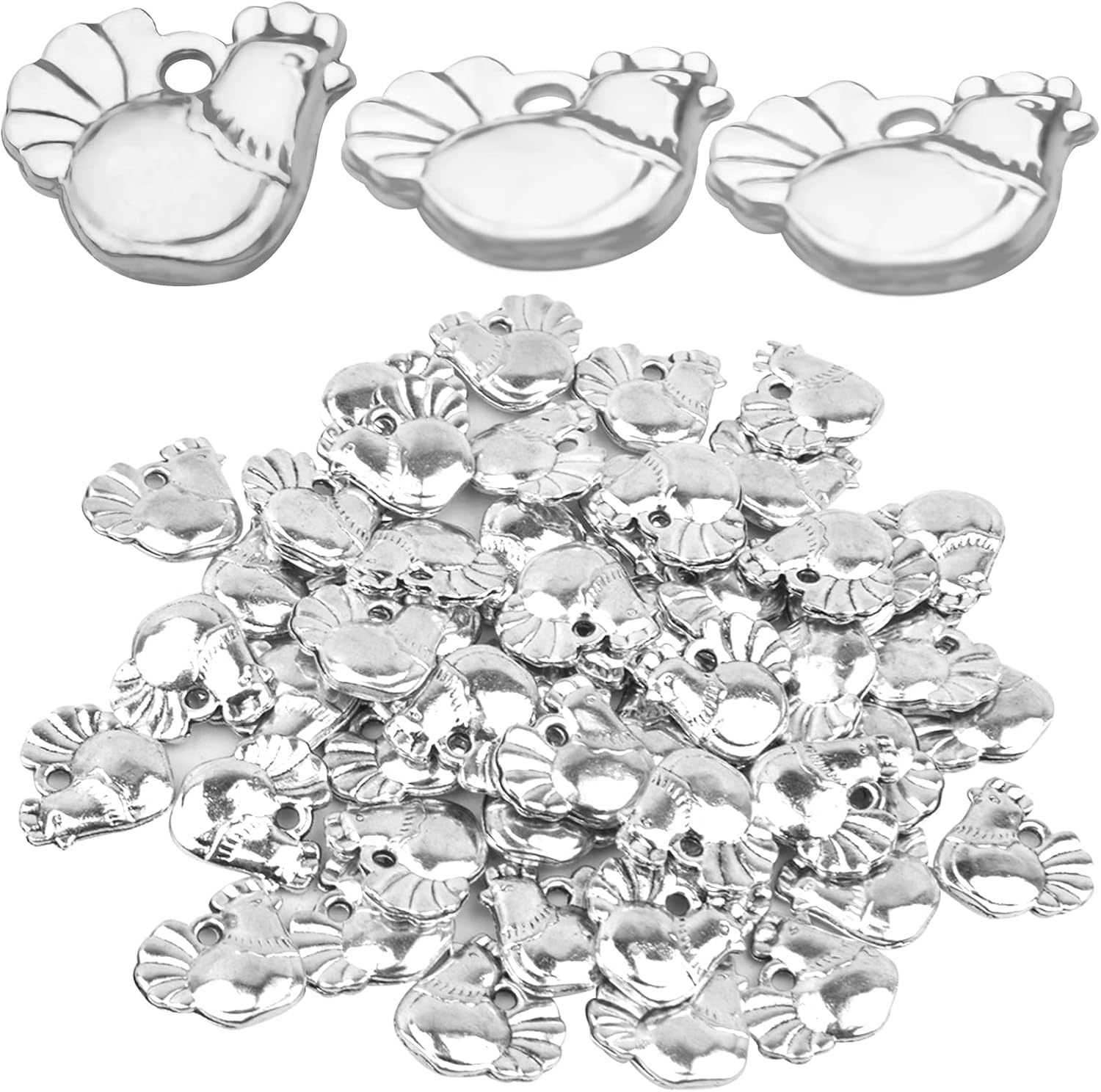 50pcs Antique Silver Chicken Rooster Charms Tibetan Alloy Easter Chicken Animal Pendants Charms Jewelry Making Accessory for DIY Bracelets Necklaces, 13.2 mm x 12 mm