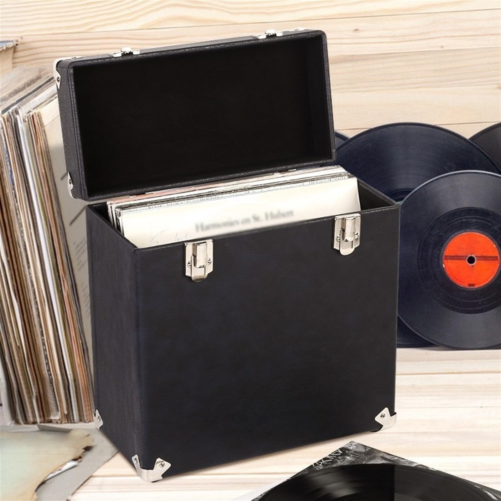 Przechowywanie płyt winylowych Pudełko do przechowywania płyt winylowych, przenośny uchwyt i organizer na albumy, trwałe etui do przechowywania albumów winylowych w stylu vintage z