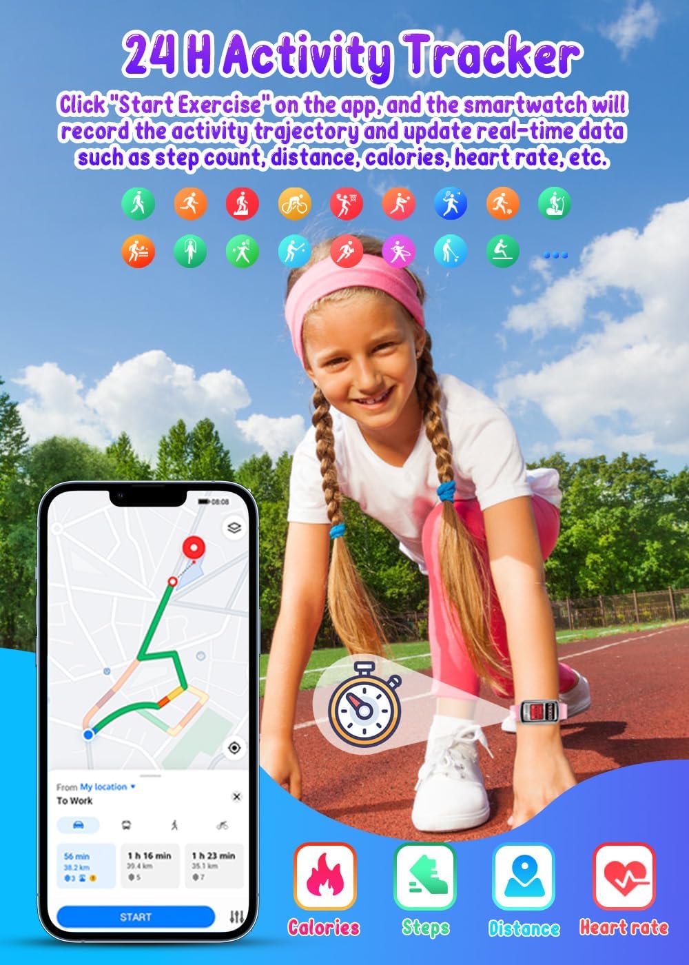 Reloj Inteligente Niños Smartwatch con Deportivo: 1.47″ TFT Pantalla Táctil Smart Watch Niña Impermeable IP67 Smartwatch Chico con SpO2 Presión Arterial Sueño Monitorización 200mAh para Android iOS 4