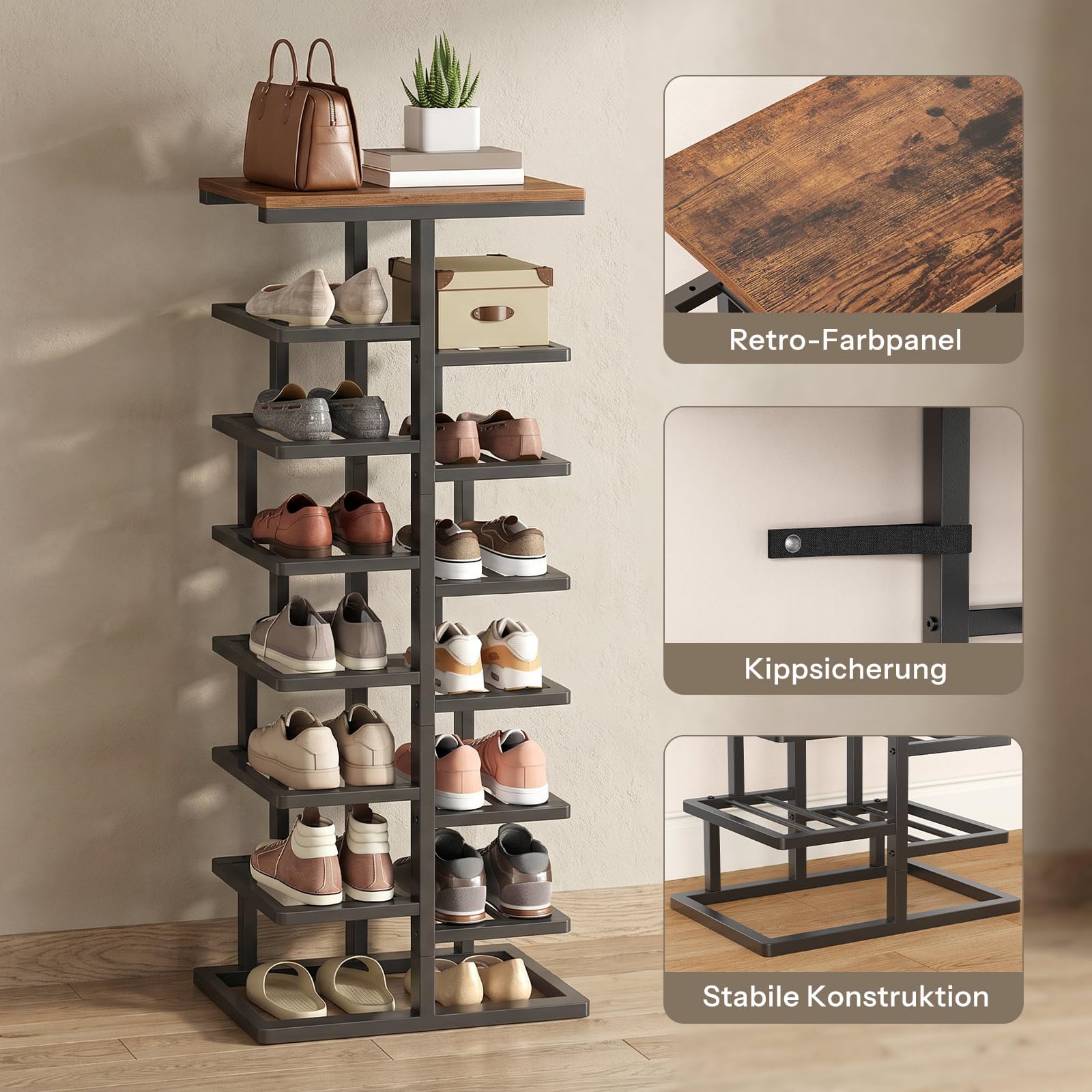 HOOBRO 8-stöckiges Schuhregal, hohe Schuhablage mit Metallrahmen, Schuhorganizer, platzsparend, für Eingangsbereiche, Schlafzimmer und Wohnzimmer, Vintagebraun und Schwarz EBF19XJ01