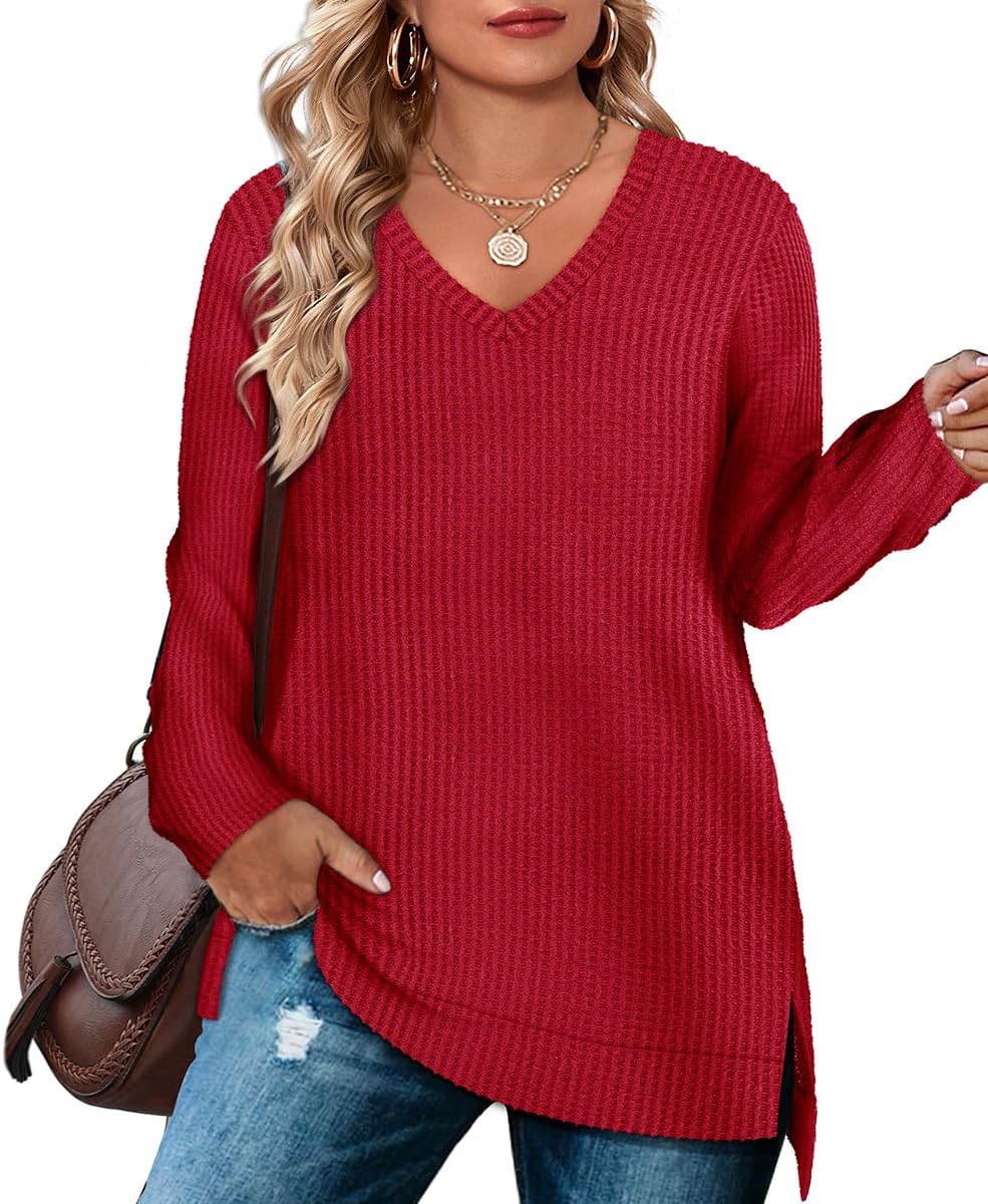 RITERA Plus Size Women Sweaters Waffle Knit Pullover Top Long Sleeve Casual Crewneck Shirt Loose Split Hem Fall Winter Blouse
