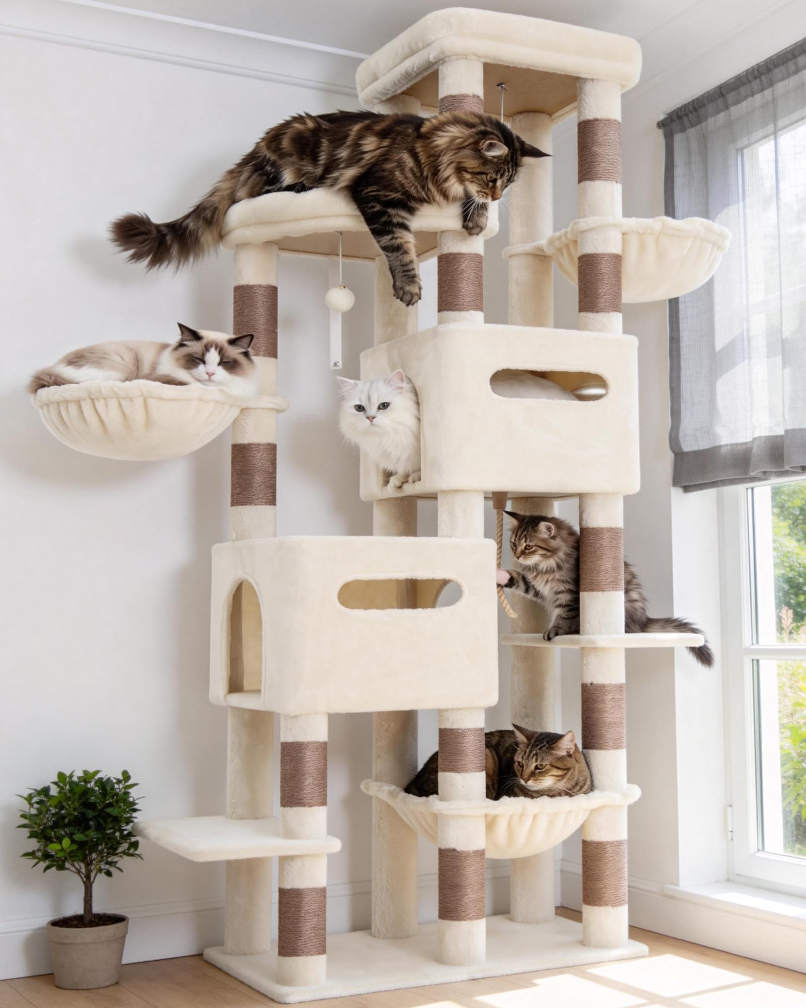 Heybly Árbol Rascador para Gatos Grandes, 190 cm Rascador para Gatos XXL, Torre Alta y Espaciosa con Amplia Plataforma Superior, Base Estable, 2 Casitas, Hamaca y Postes de Sisal, Beige HCT062MJ