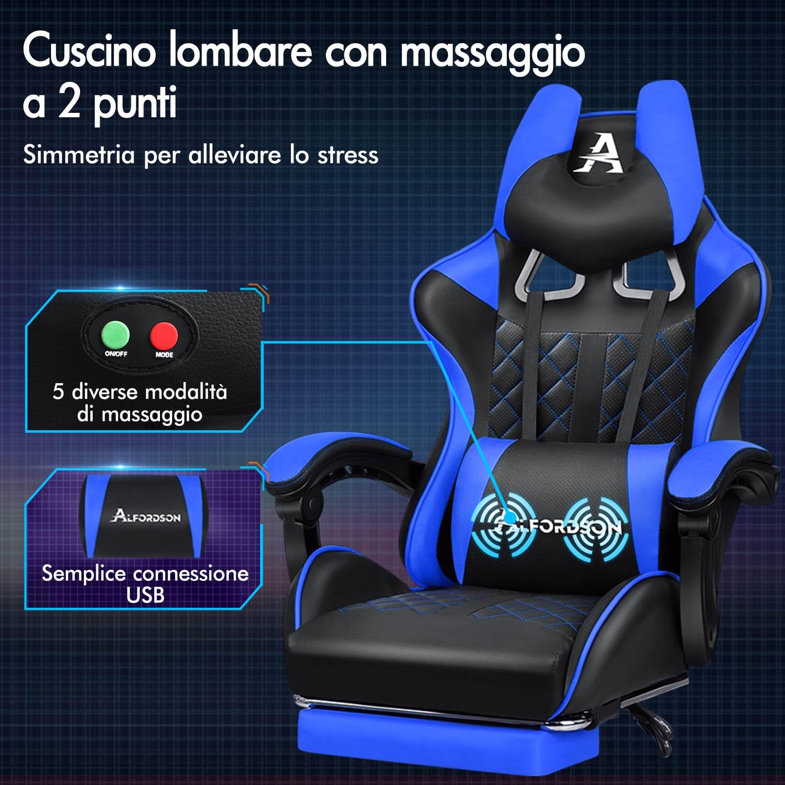 ALFORDSON Sedia Gaming Ergonomica Reclinabile con Poggiapiedi Blu | Poltrona Gamer in Similpelle Serie ETHAN, Schienale regolabile, con supporto lombare e poggiatesta, portata 180 kg