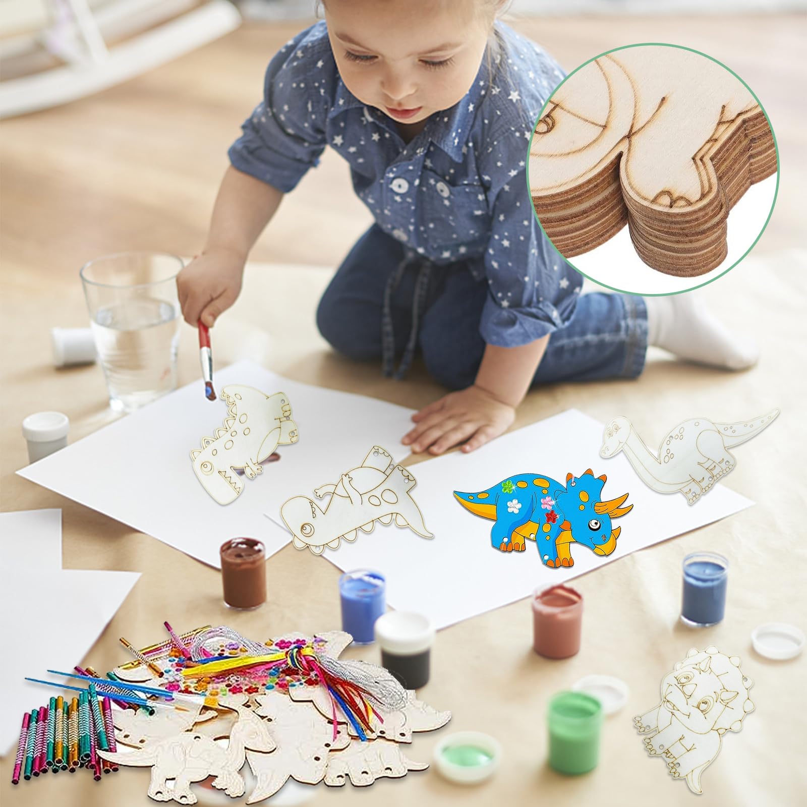 Lot De 10 Carillons Éoliens Dinosaures à Peindre – Kit DIY Créatif Pour Enfant, Avec Pinceaux, Rubans, Strass Et Corde