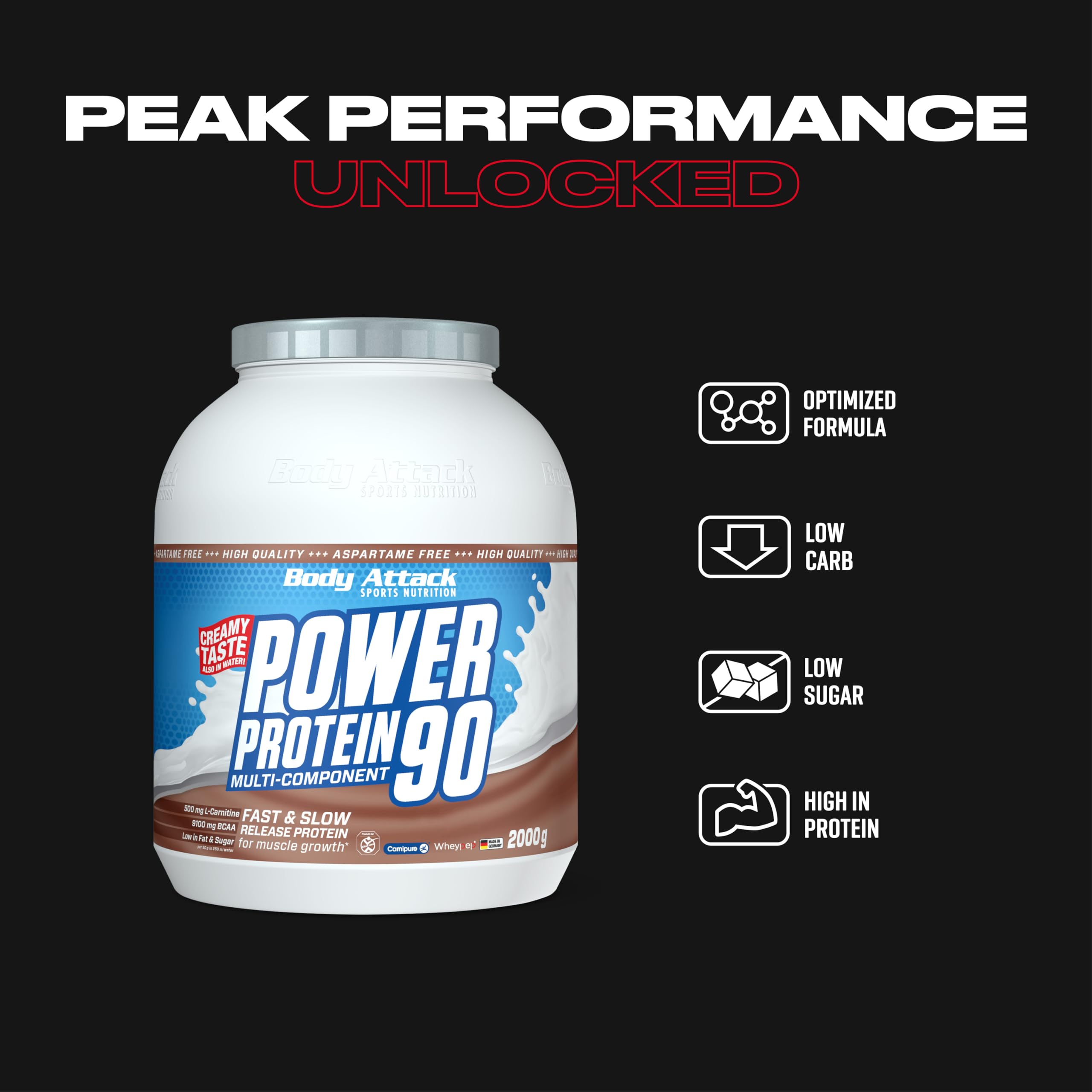 Body Attack Power Protein 90, Biscotto al burro, 2 kg, 5K proteine in polvere con proteine del siero di latte, L-carnitina e BCAA per la costruzione muscolare e il fitness