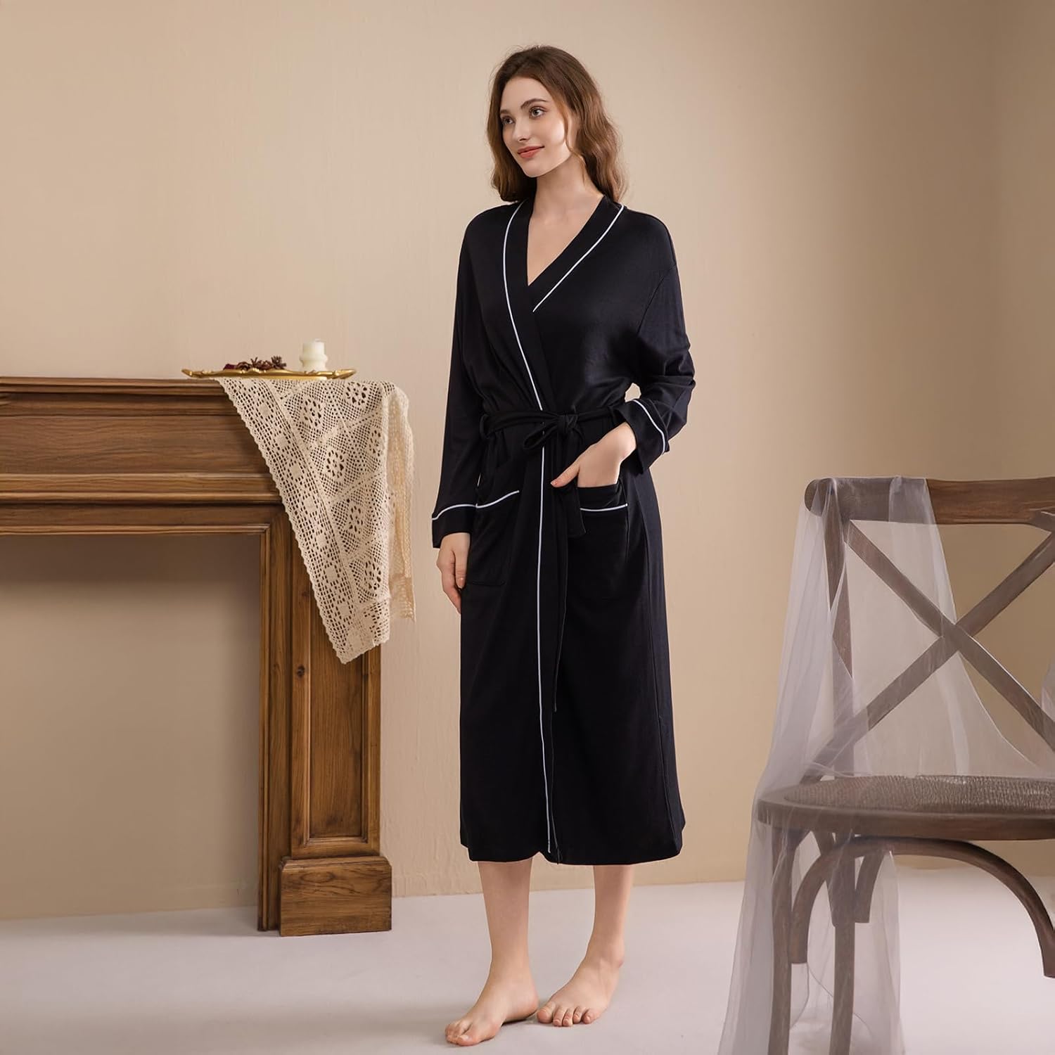 Women's Robes Lightweight Soft Cotton Blend, Ladies Bathrobe Absorbent Breathable Kimono Robe with Pockets - Image 5