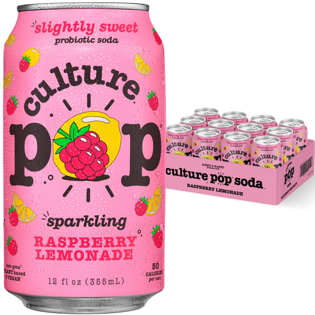 Culture Pop Soda, Sparkling Raspberry Lemonade, Probiotic Low Sugar Drink, Sparkling Juice Alternative, Non-GMO, Kosher, Gluten-Free, No Stevia -12 Fl Oz, Pack of 12