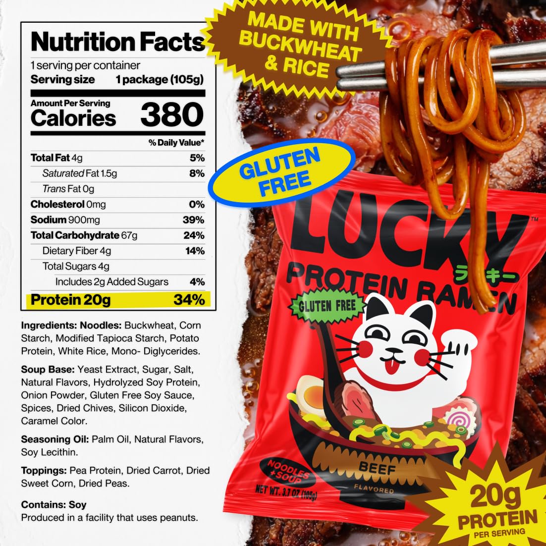 Lucky High Protein, Gluten Free Ramen Noodles, Beef Flavor | 20g Protein | No MSG, Air Dried, Vegan, Reduced Sodium, Healthy, Vegetarian | Rice Ramen + Soup | Instant, Ready in 8 Minutes | 6-Pack