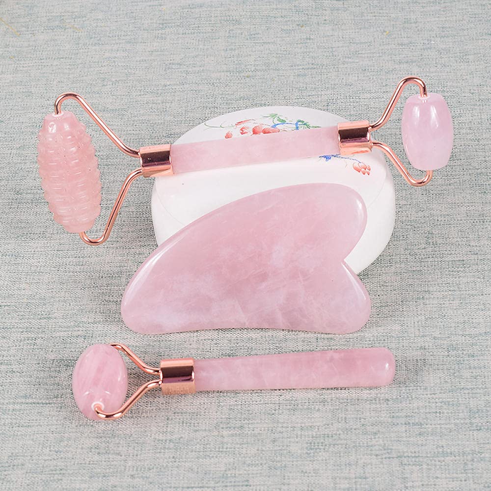 Rullo di quarzo rosa dimagrante per la cura del viso Gua Sha SHA Set di pietra naturale-4 pezzi
