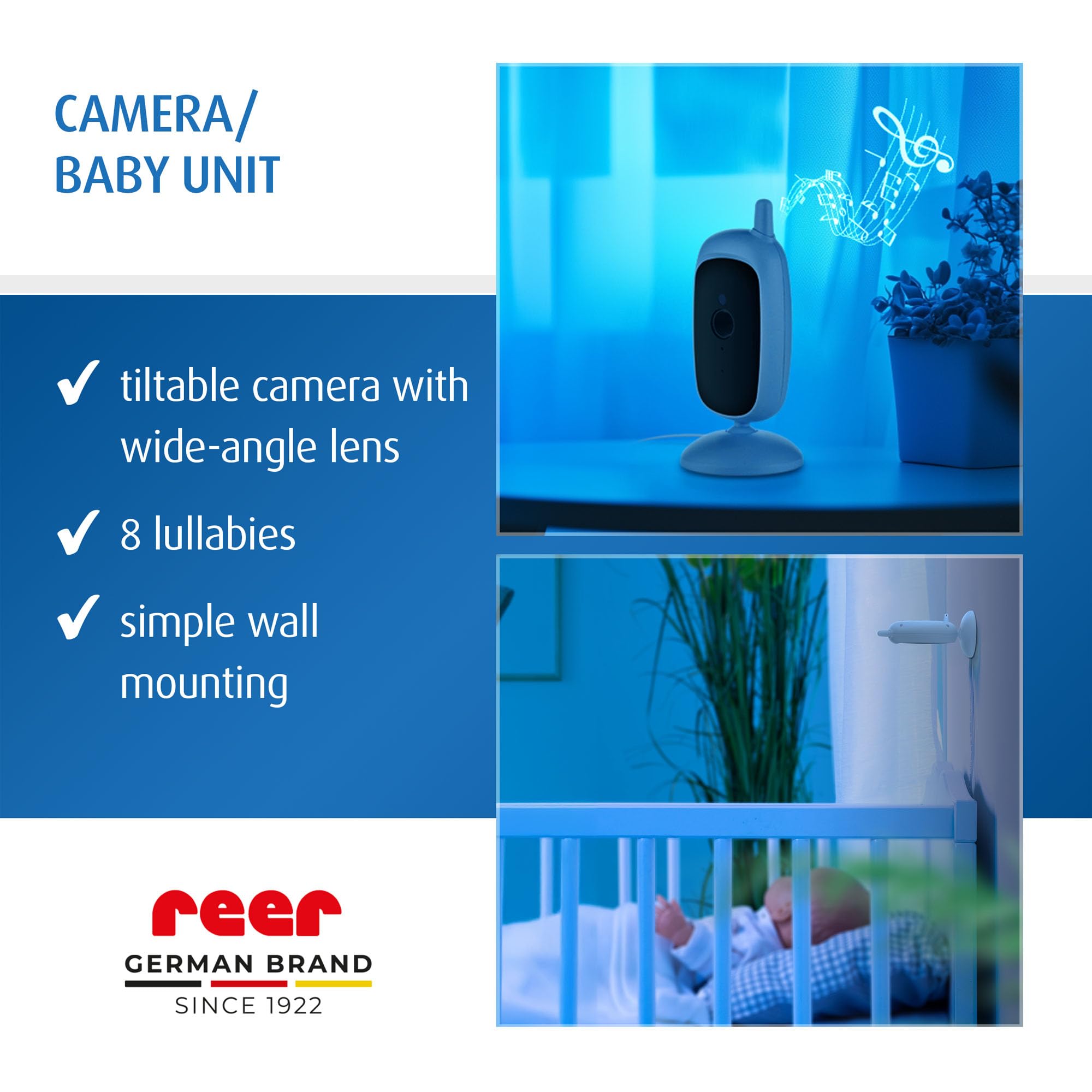 reer BabyCam S - Babycam S - Babyphone vidéo numérique - Technologie FHSS Anti-écoute - Portée de 300 m - Vision Nocturne - Fonction interphone - Berceuses intégrées