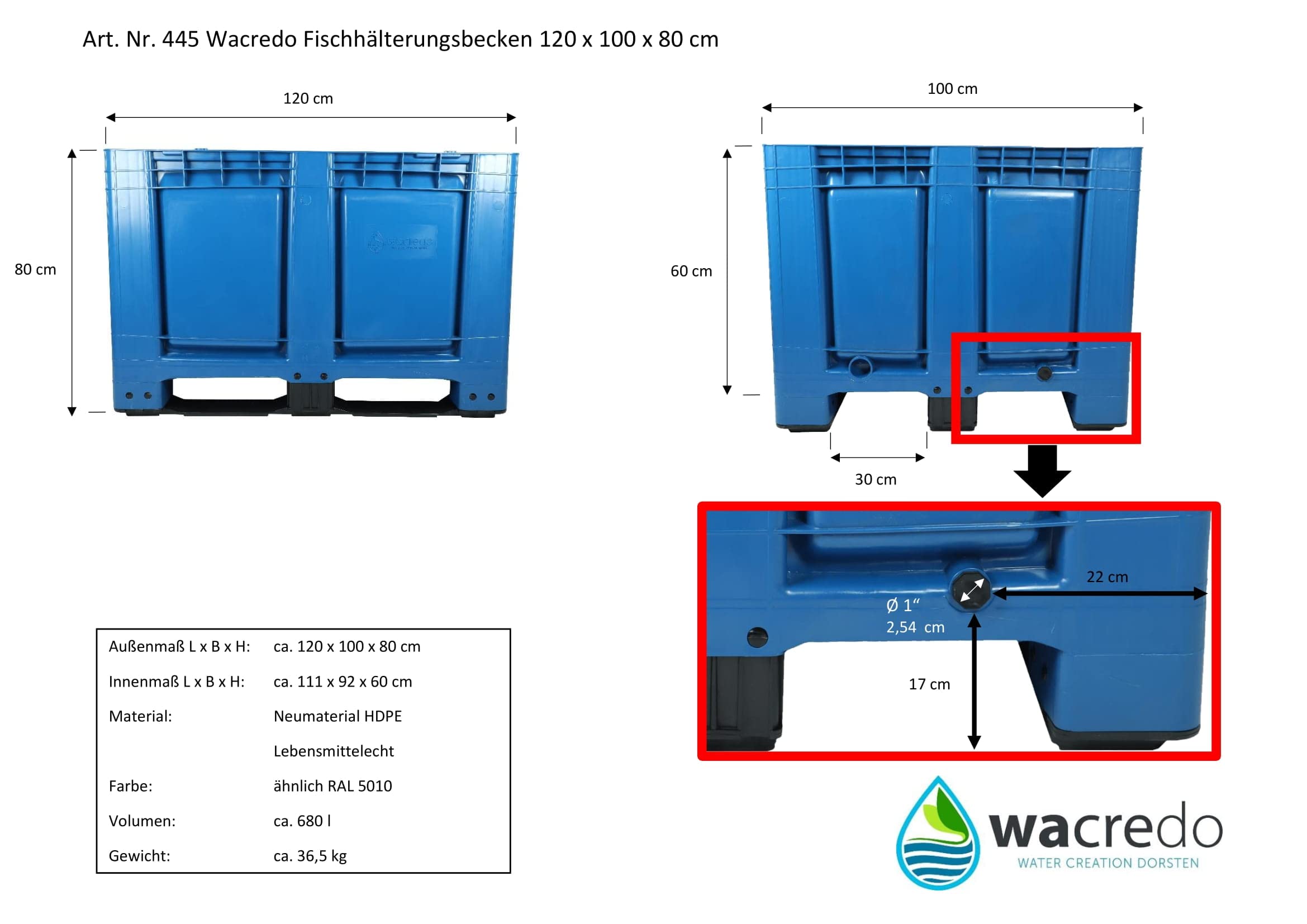 Fischhälterungsbecken 120x100x80cm - 680 Liter, Quarantänebecken | Wasserbecken für temporäre Unterbringung von Fischen, Koi, Karpfen - Fischhälterung mit Palettenkufen und Ablassstopfen