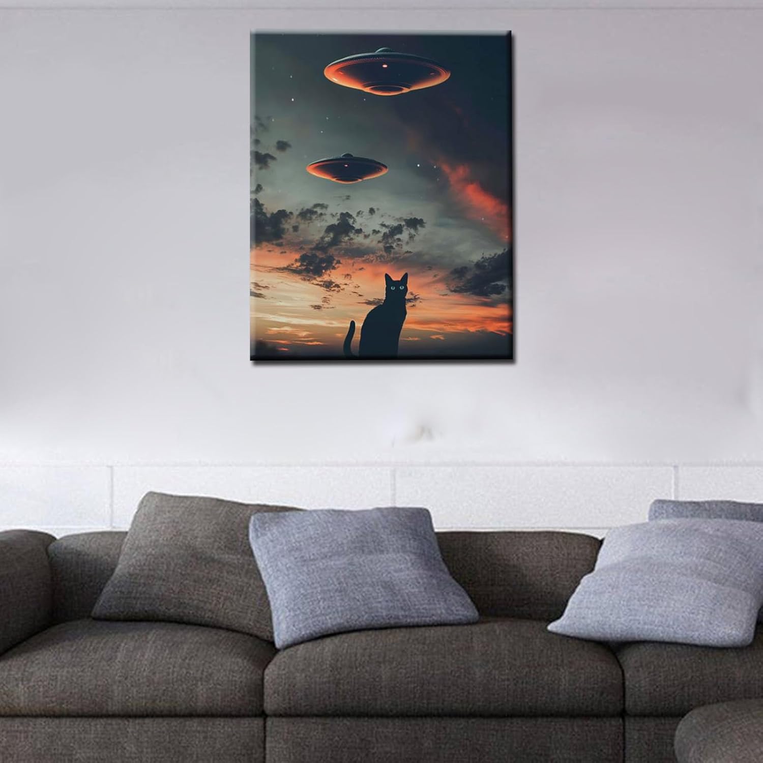 Tucocoo UFO Paint by Bumbers for Adults Beginner Black Cat DIY Paint by Numbers Acrylic Paint Canvas Sunset Moon Bedroom Decor Fantasy Scene Dark Clouds Painting Kits Art 16x20 Inch （DIY Frame ）