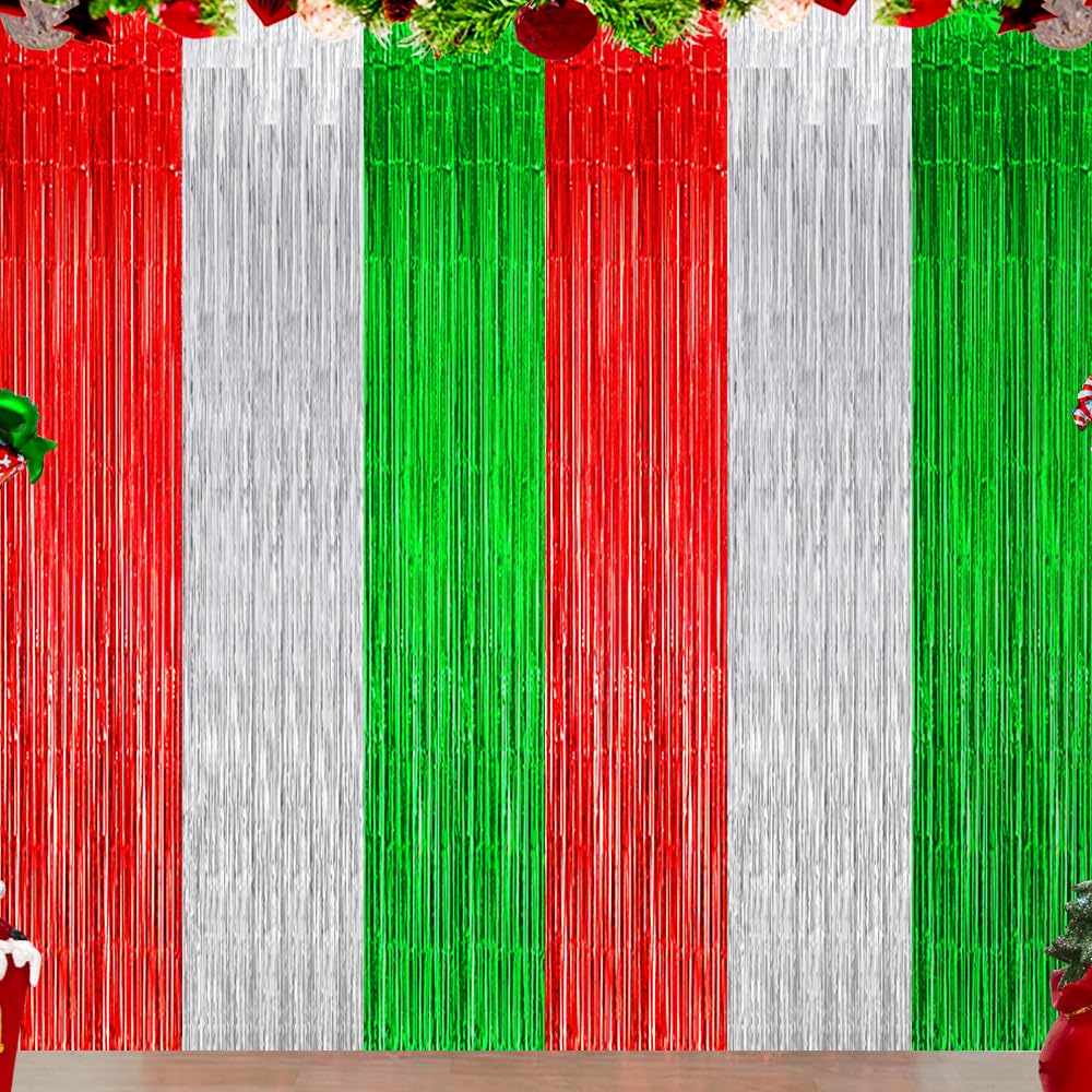 Christmas Foil Fringe Curtains, Red Silver Green Tinsel Photo Backdrop Streamer for Christmas Decoration New Year, Ugly Sweater Birthday Xmas Party Decor (3Pack)