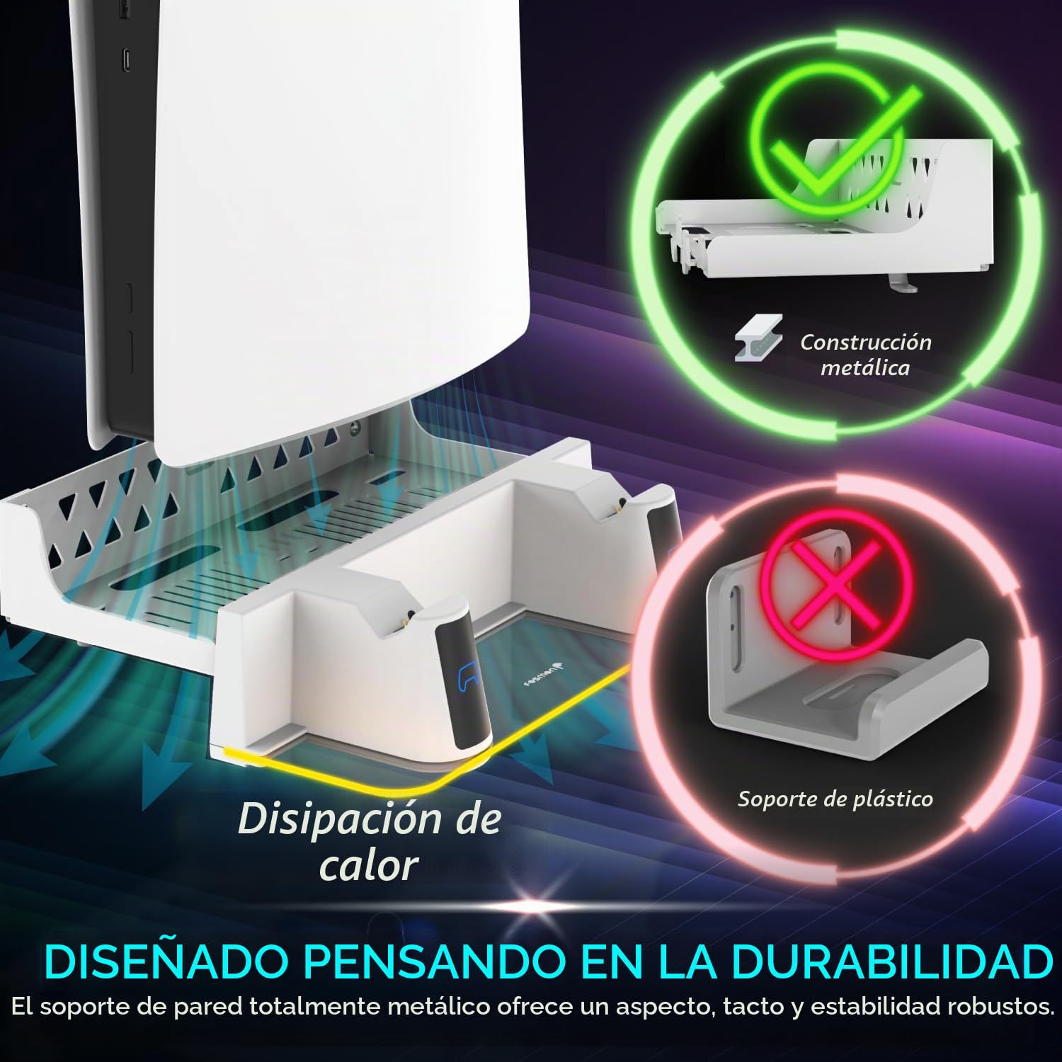 Fosmon Kit de Montaje en Pared con Estación de Carga para PS5 | Compatible con PlayStation 5 y Slim Disco y Edición Digital. Soporte de Metal Sólido con Cargador Dual y Luz RGB