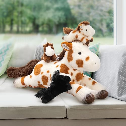Miniatura 9 de MaoGoLan 4 piezas de animales de peluche de caballo, caballo grande moteado de mamá con juguetes de bebés poni, peluches de poni a granel para