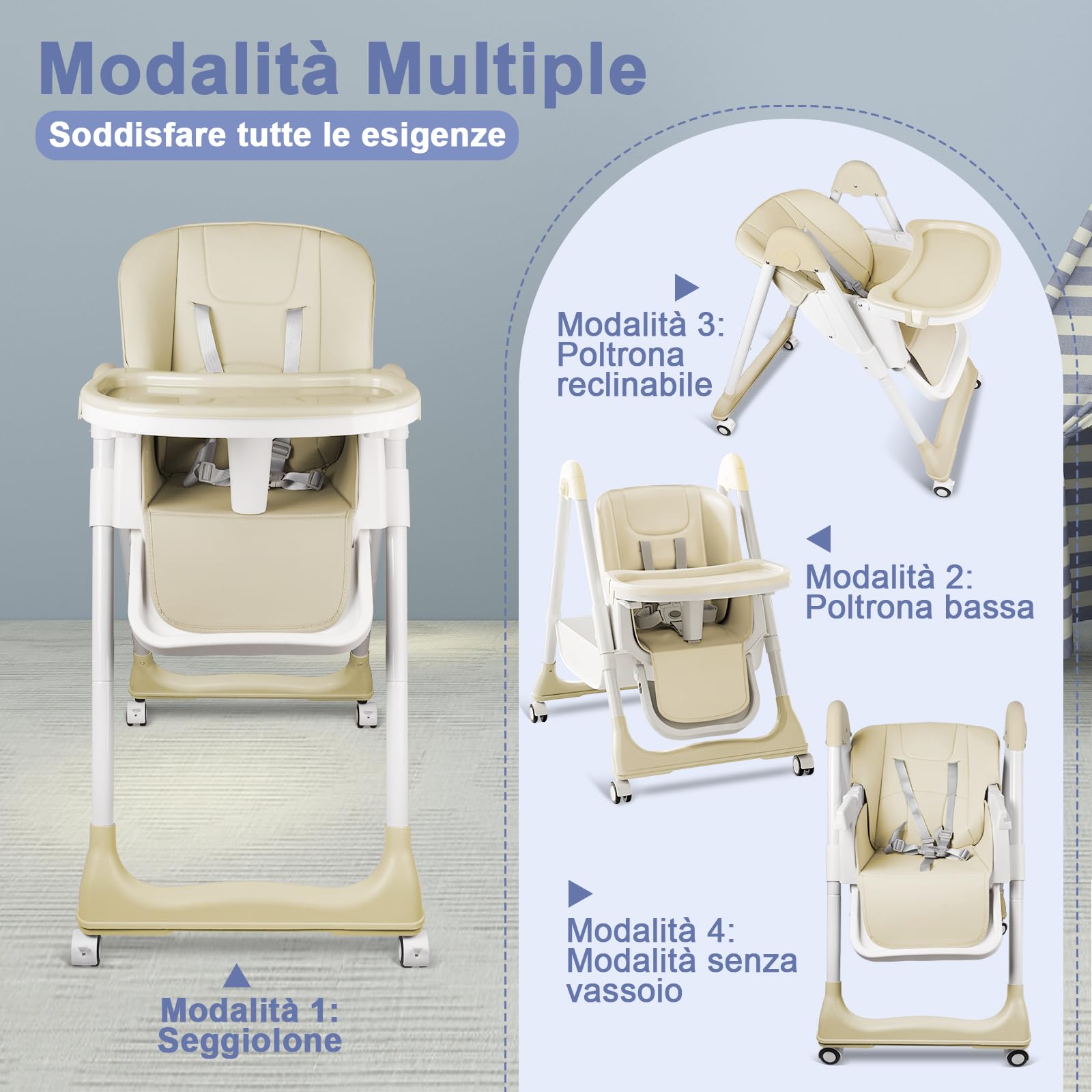 Seggiolone Pappa Portatile, Seggiolone Evolutivo con Vassoio Doppio Rimovibile, Altezza/Poggiapiedi/Schienale Regolabili, per Bambini da 6 Mesi a 6 Anni