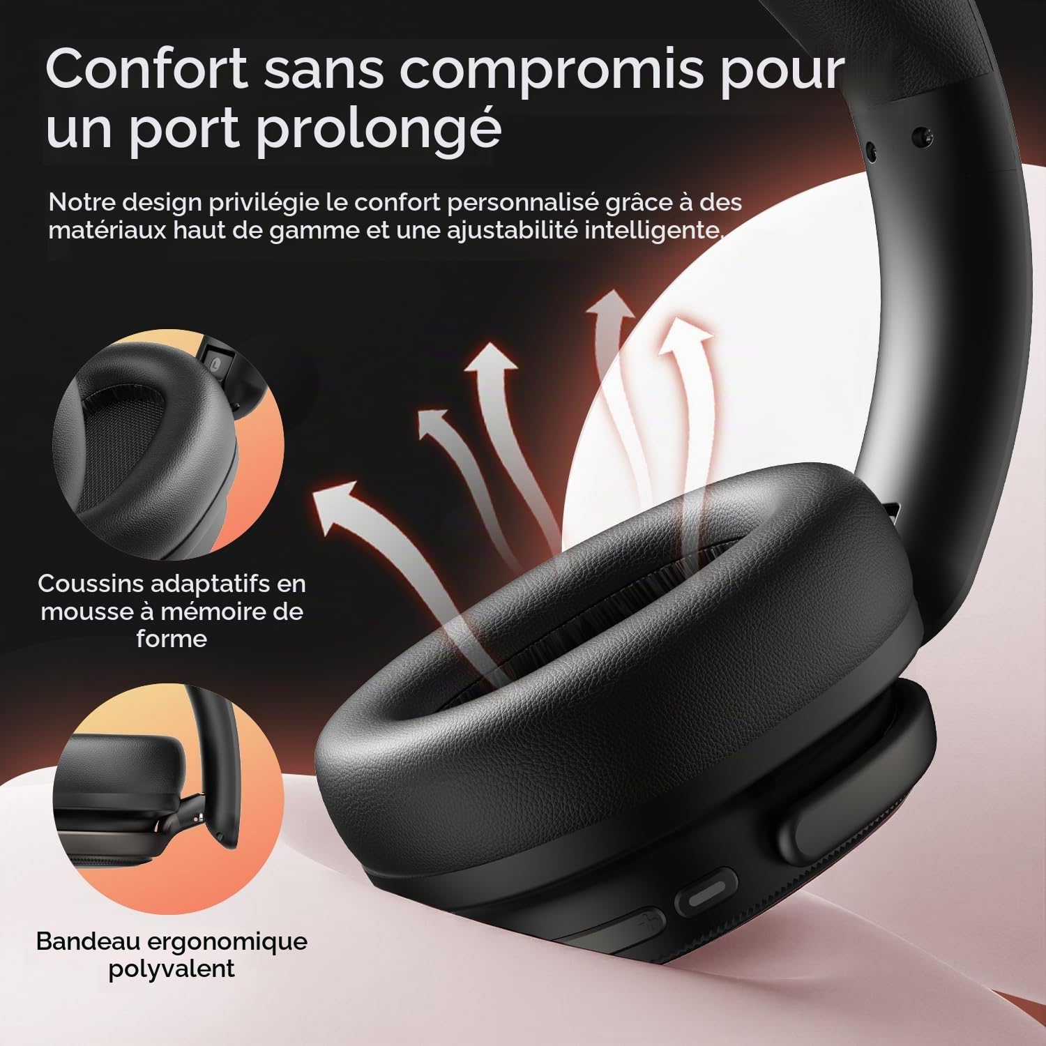 havit SPACE NC01H Casque hybride à suppression active du bruit, casque supra-auriculaire Bluetooth avec 4 micro ENC, 132 heures de lecture, casque pliable avec basses profondes, Bluetooth 6, contrôle