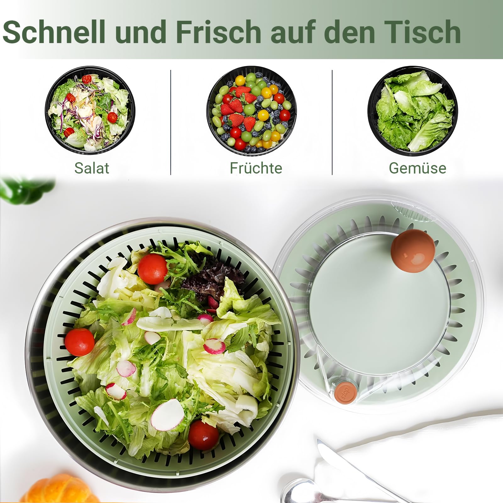 Salatschleuder Edelstahl 5L – Groß mit Kurbelantrieb, rutschfestem Boden & Ausgussfunktion – Spülmaschinenfest, BPA-frei – Salatschleuder Groß für Familien & Gemüse