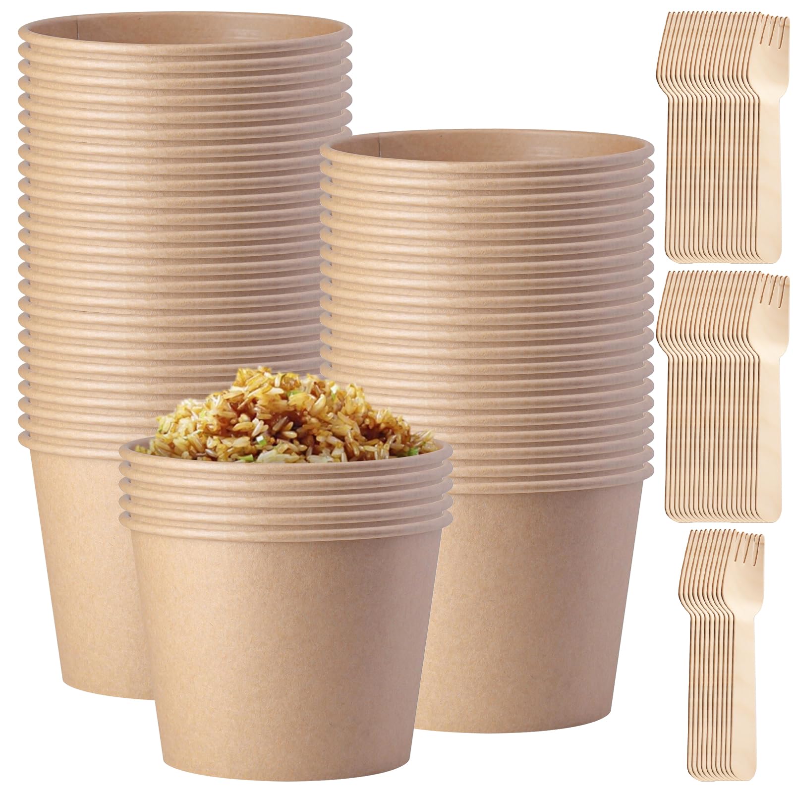 50 tazze da zuppa to go 240 ml carta kraft compostabili marroni rotonde con forchetta