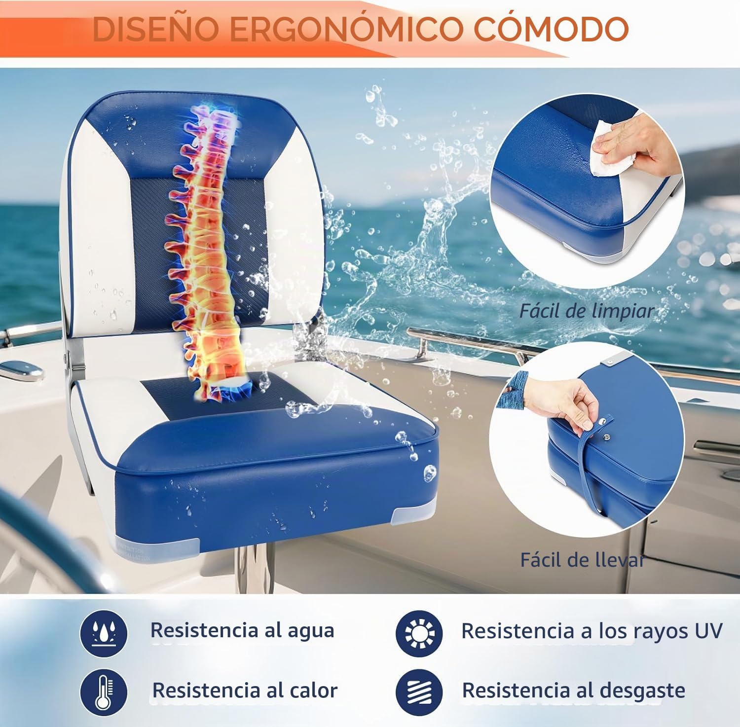 Juego de 2 asientos de barco plegables para pescar, impermeables, silla de capitán, asiento para barco, apto para Jon/pontón/canoa/asientos Bass Tracker - Diseño único de color (azul/blanco)