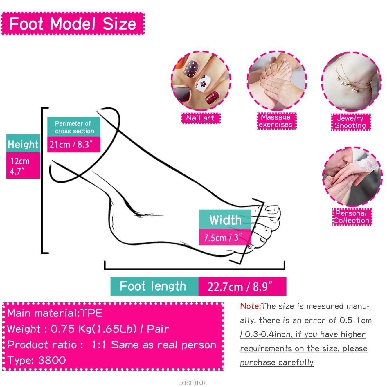 Silikonowy Model stopy fałszywe kobiece stopy smukłe palce kobiece paznokcie wyświetlacz nóg manekin ludzka praktyka medyczna realistyczna stopa TPE 3800(Wheat Toes bone,Right foot)