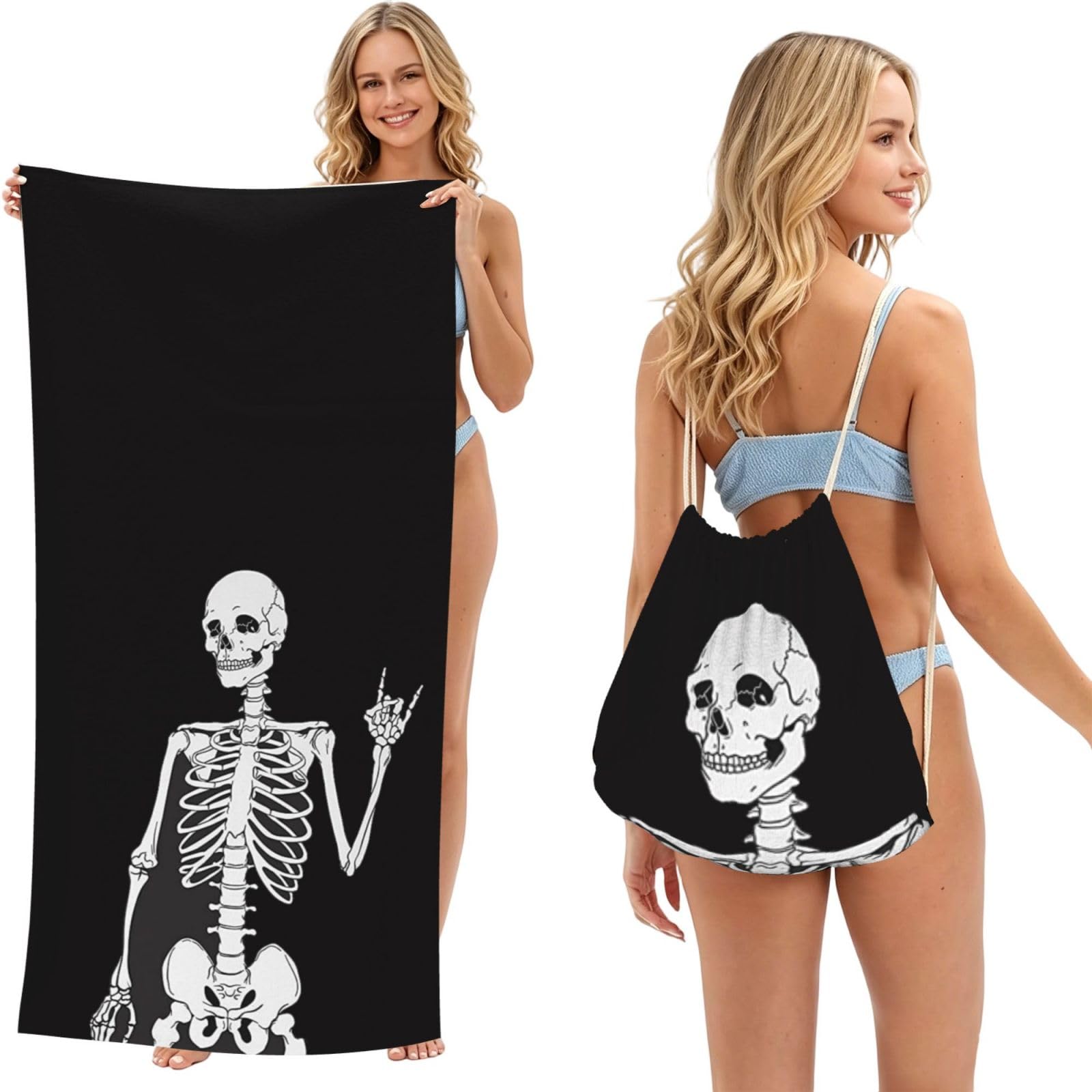 WSHFFILO Cool Skull printed 2 in 1 Packable Towel Bag Bath Towel Beach Towel