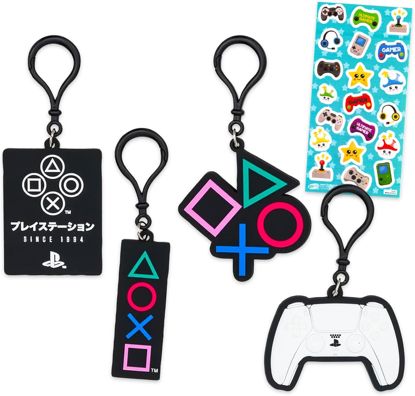 PlayStation Keychain Set - 4 Pc Keychain Bundle Featuring Video Game Controller, More for Kids, Men, Women Plus Stickers | PlayStation Party Favors Pack