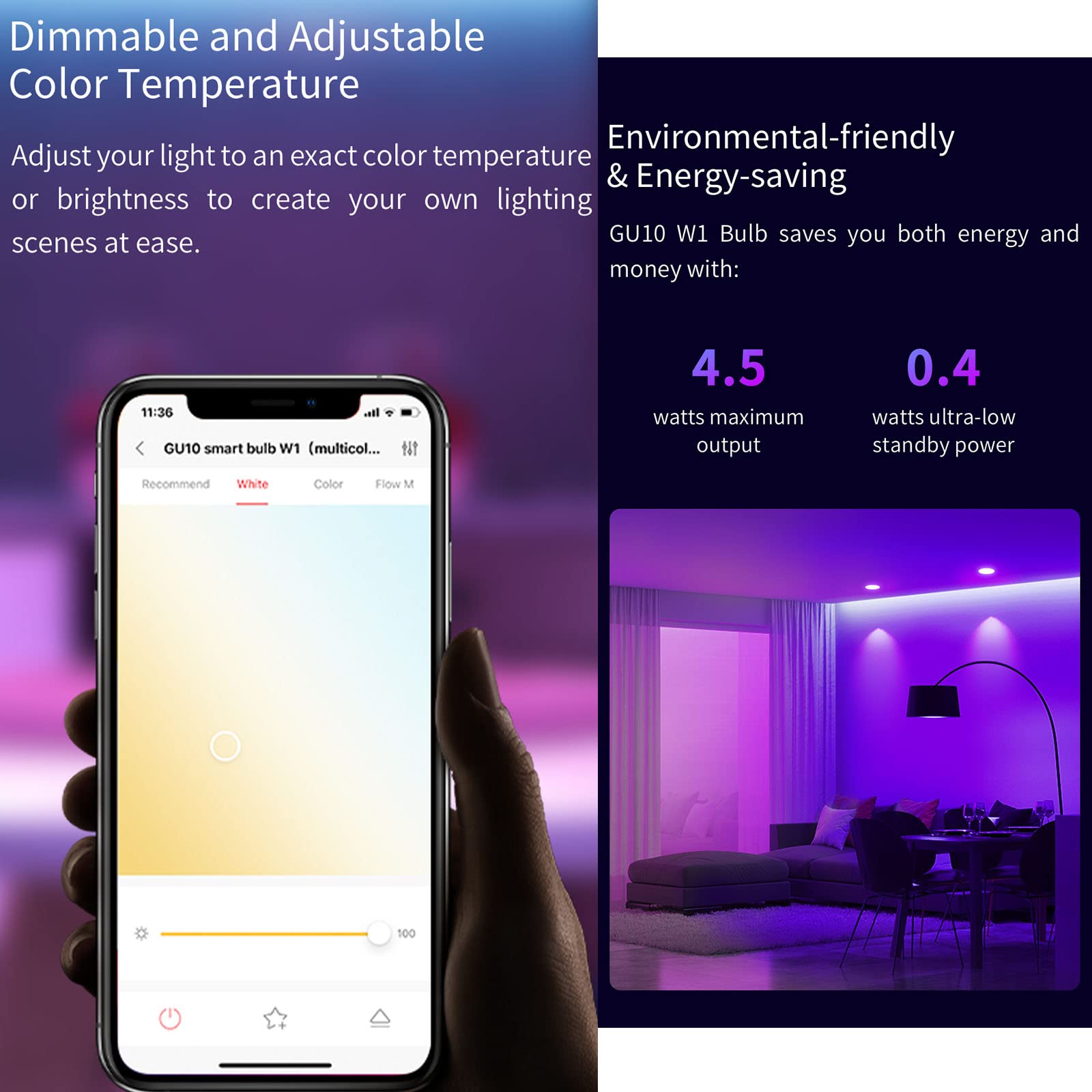 Bombillas LED Inteligentes,[4 Pack] Foco GU10 RGB Regulable/Lámpara Colorida 4.5W 2700-6500K 350 Lúmenes Funciona con El Asistente De Google Alexa,RGB
