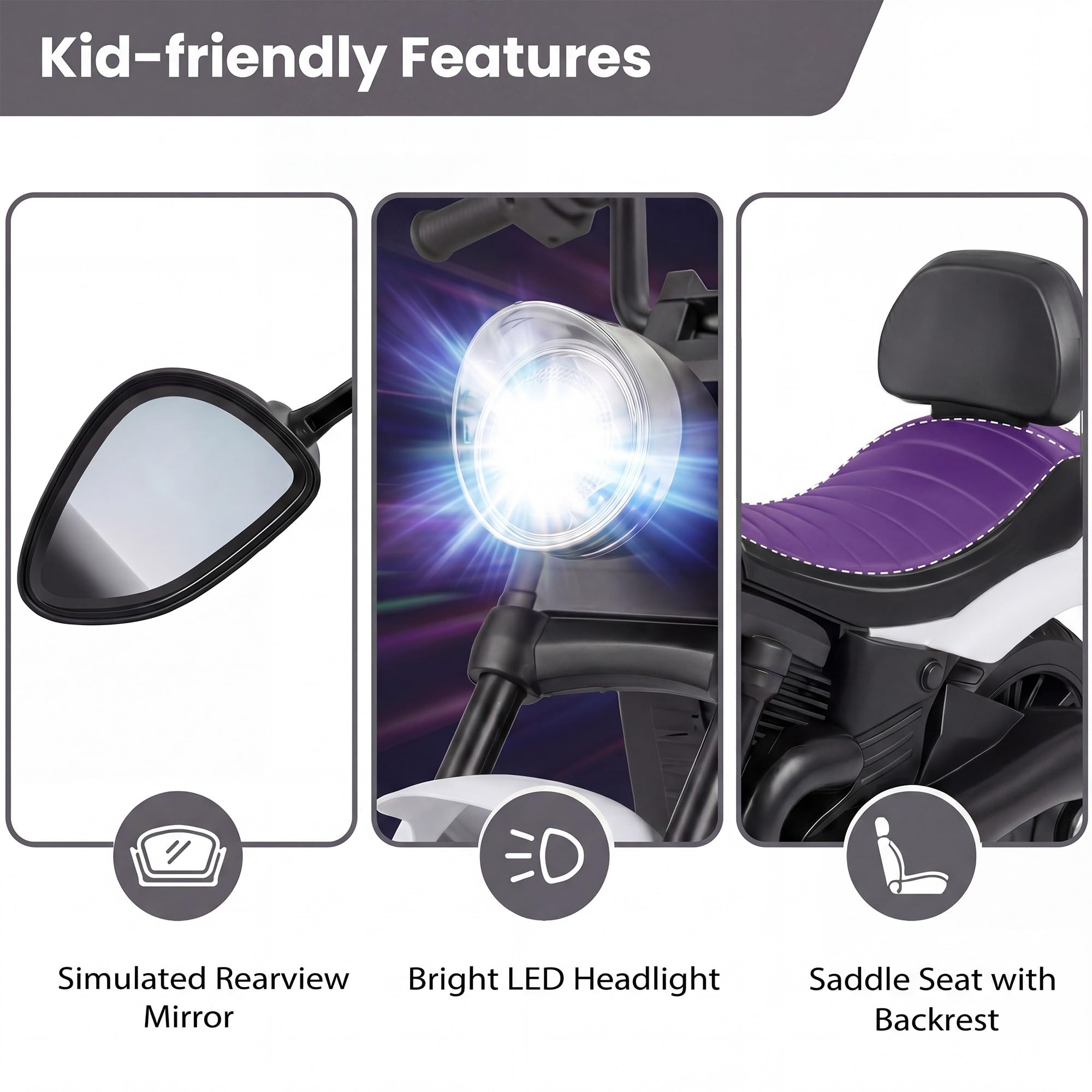 KOMFOTTEU Moto Eléctrica para Niños, Moto de Batería de 6 V con Faro, Música, 2 Ruedas de Entrenamiento y Pedal, Motocicleta Eléctrica con Arranque con un Botón para Niños de 3+ Años (Blanco)