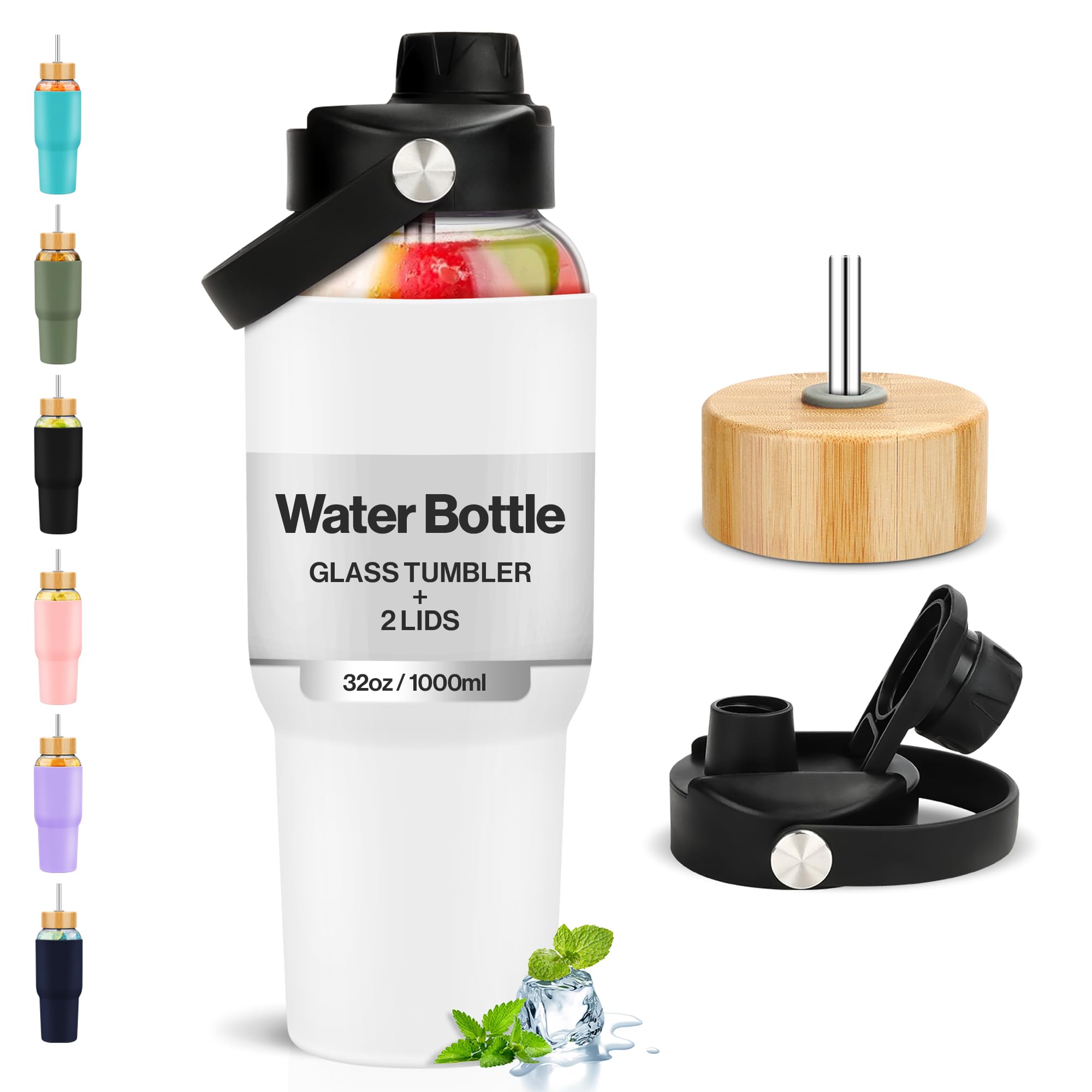 PROBTTL Glass Water Bottles 32 oz, 1 Liter Glass Tumbler, Borosilicate Water Bottle with Straw, Silicone Sleeve, 2 Lids - Handle Spout & Bamboo Straw