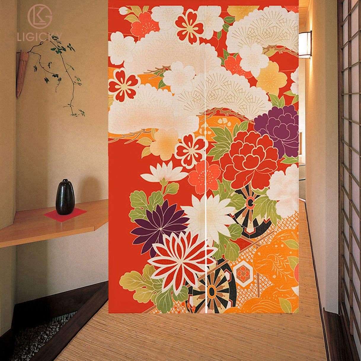 LIGICKY Japanese Style Doorway Curtain Noren Cotton Linen Retro Flowers Printed Window Treatment Hanging Door Tapestry for Home Decoration 85 x 120 cm, Colourful
