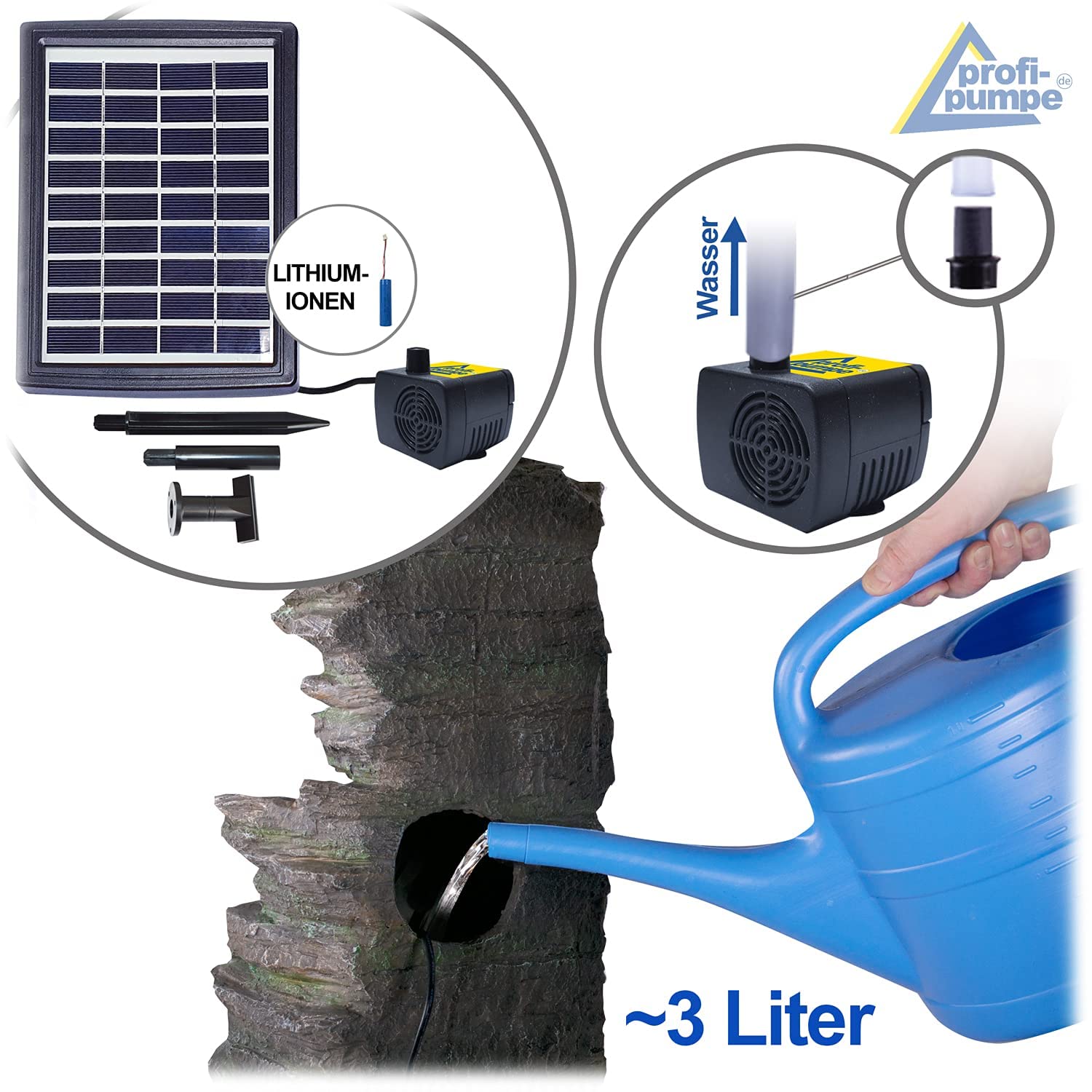Solar Gartenbrunnen Brunnen Solarbrunnen Zierbrunnen Wasserfall Gartenleuchte Teichpumpe für Terrasse, Balkon, mit Pumpen, mit Liion-Akku & Led-Licht (KÖNIGS-FELS)