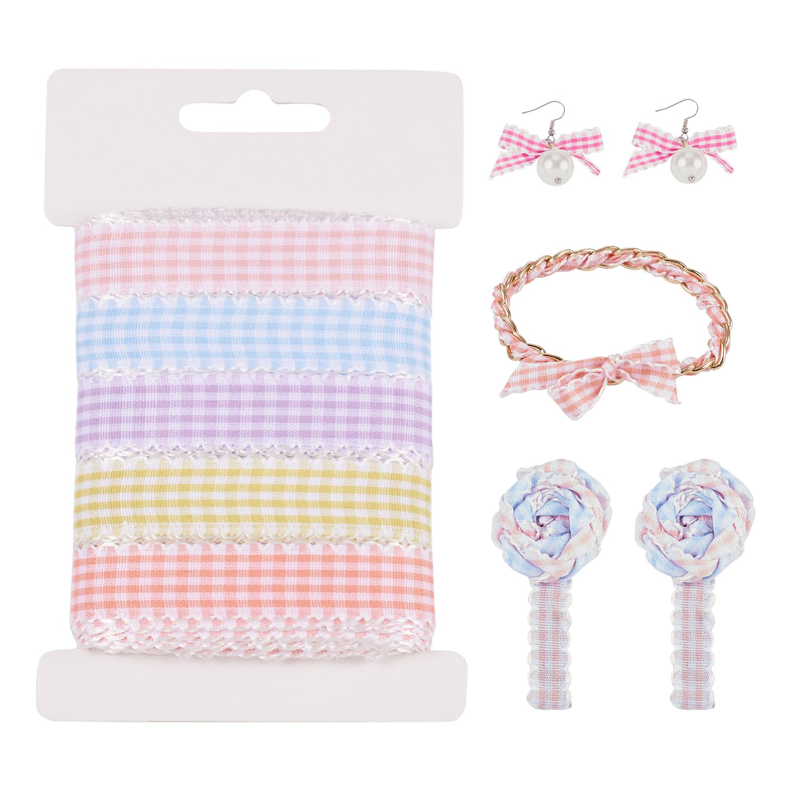 ギンガムチェックリボン　5色   各2巻き Amazon | Beadthoven チェックリボン 約22.85m入/セット 幅17mm