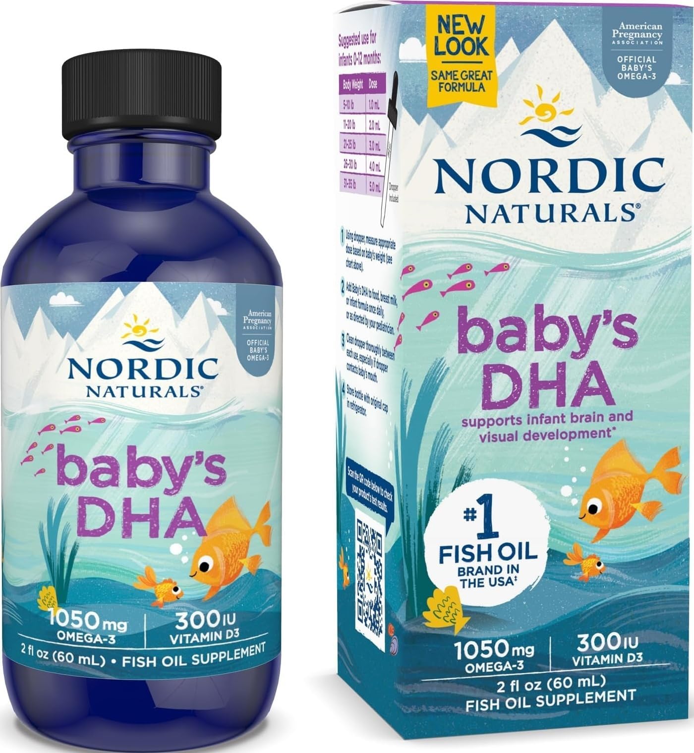 Nordic Naturals Babyโs DHA, Unflavored - 1050 mg Omega-3 + 300 IU Vitamin D3 - 2 oz - 2 Pack - Supports Brain, Vision & Nervous System Development in Babies - Non-GMO - 24 Servings