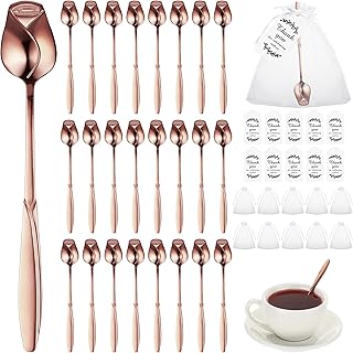 Roshtia 50 Sets Rose Flower Shaped Tea Spoons Wedding Favor for Guests 5.2" Flower Dessert Mini Teaspoon with 50 Gift Tag and 50 Organza Bag for Tea Party Bridal Shower Guest Souvenir (Rose Gold)