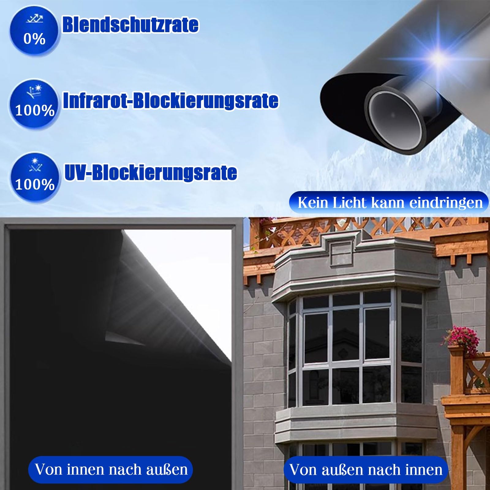 Selbstklebend Spiegelfolie Sonnenschutzfolie Blickdicht Fensterfolie UV-Schutzfolie Einwegperspektive Sichtschutzfolie Hitzeschutz Blendschutzfolie Thermofolie für Innen Glas Fenster & Tür(Rei