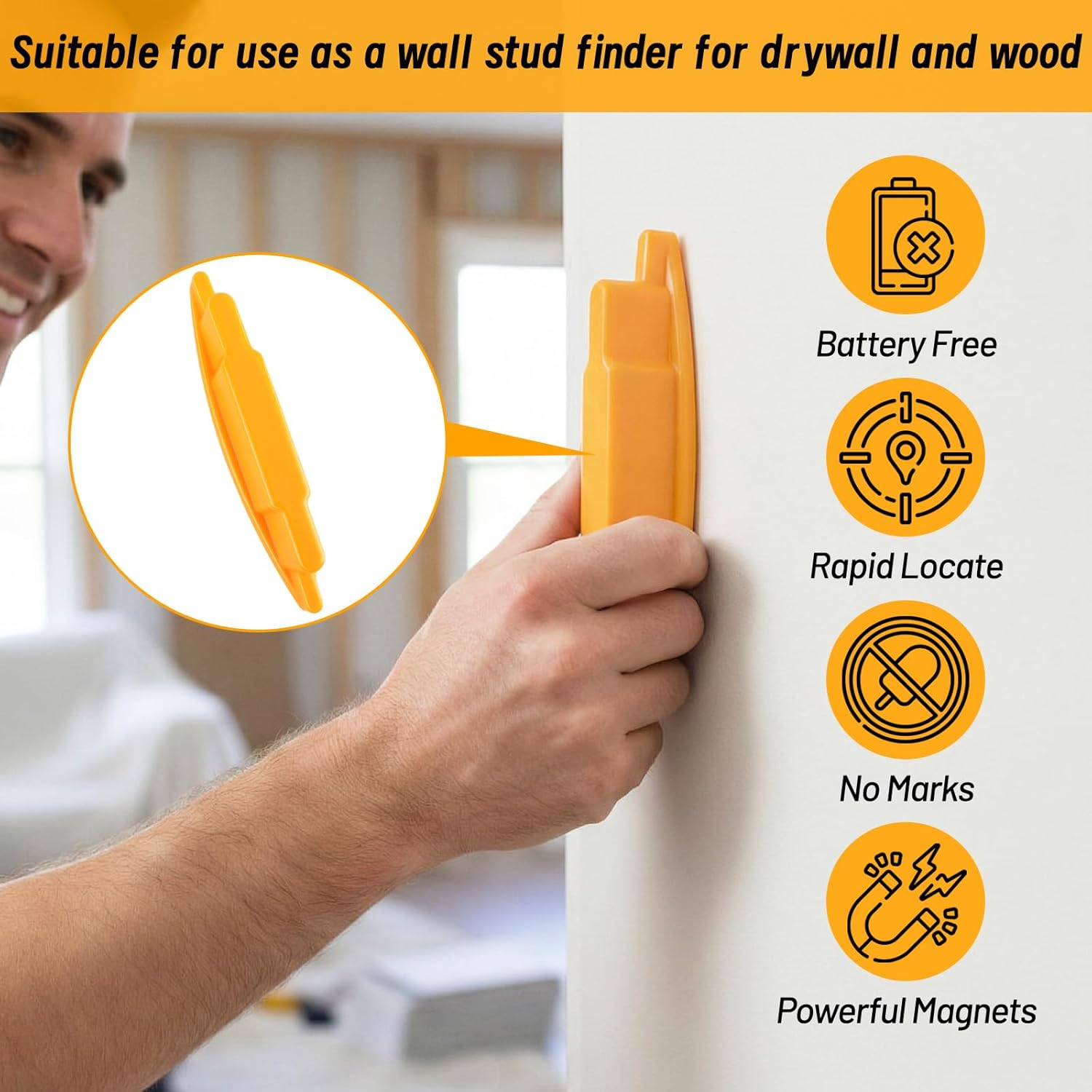 4Pcs Magnetic Stud Finder, No Batteries Required, Easy to Use Wall Scanner Detector Rapidly Locates Screws, Nails & Metal Studs Through Drywall & Wood