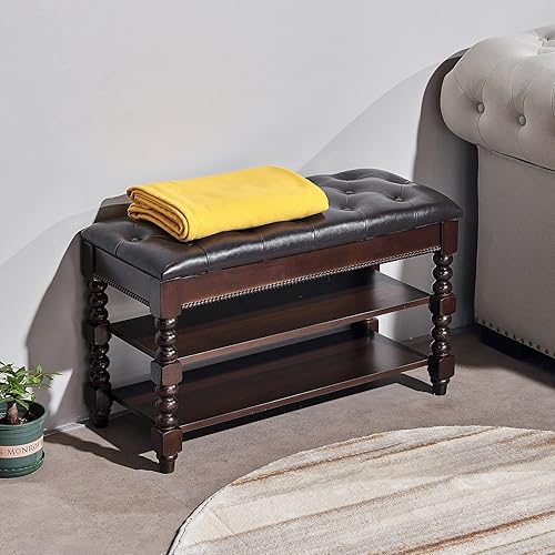 Miniatura 2 de Banco de almacenamiento de zapatos, zapatero de entrada con asiento de cuero, organizador de 2 niveles, banco de madera para vestíbulo, dormitorio,