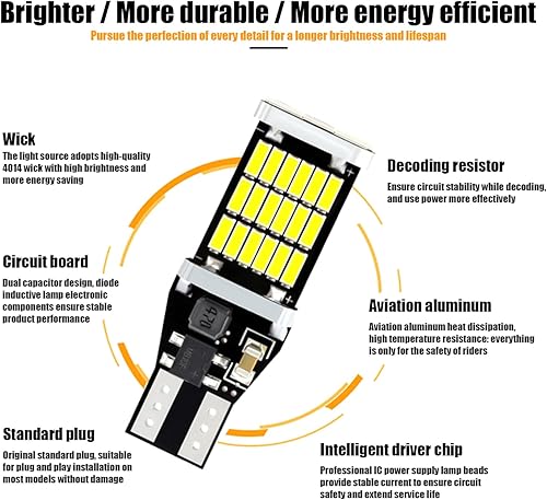 Miniatura 7 de cueclue Pack-4 T15 4014 45SMD LED Luces de marcha atrás, luz de freno de alto brillo de 12 V, 6500 K 800 lm bombillas de señal de giro de coche para