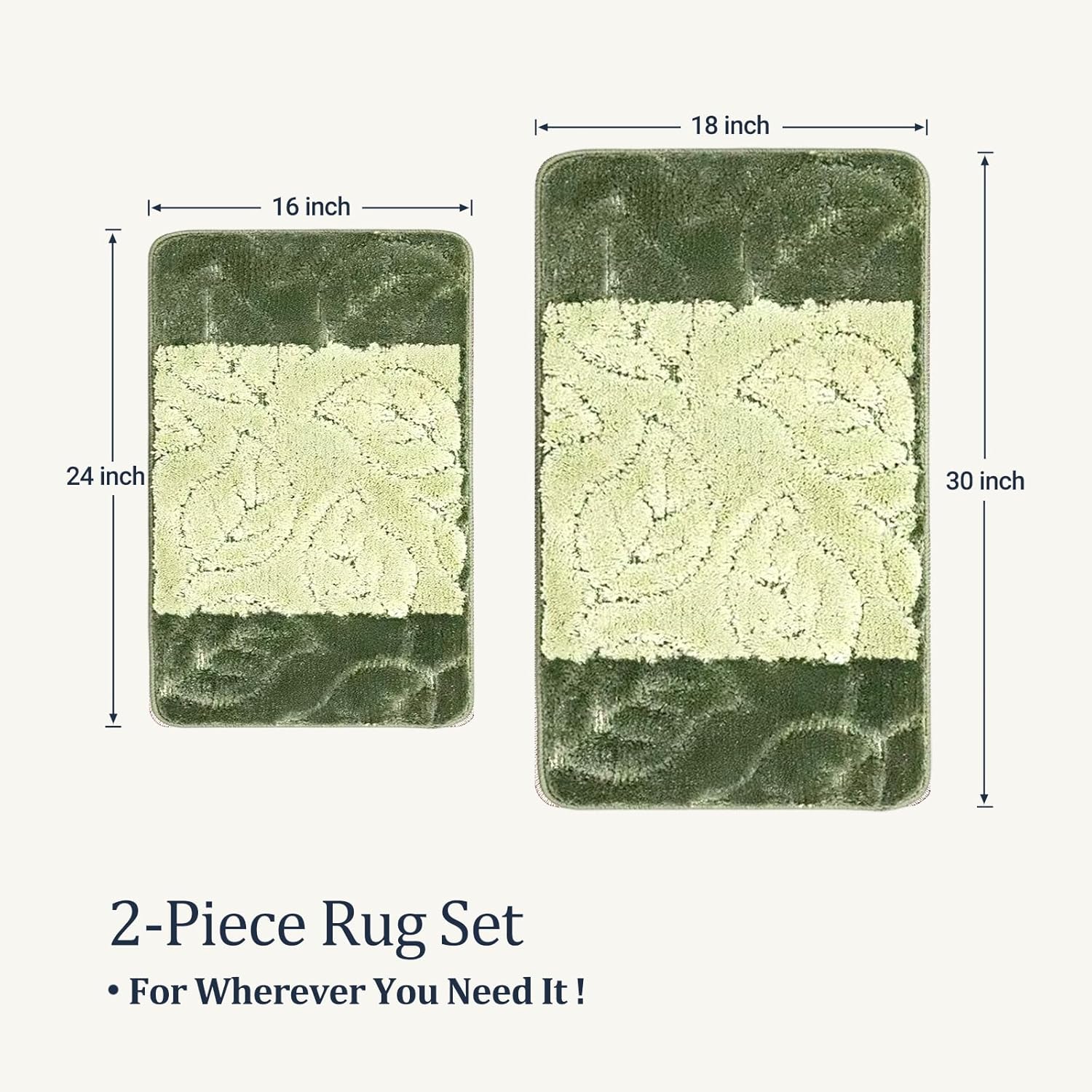 Machine Washable Bathroom Rugs Bath Mats Sets,2 Piece Non-Slip Rubberback Soft Bathroom Floor Mat (L.Green/D.Green, 18inx30in+16inx24in)