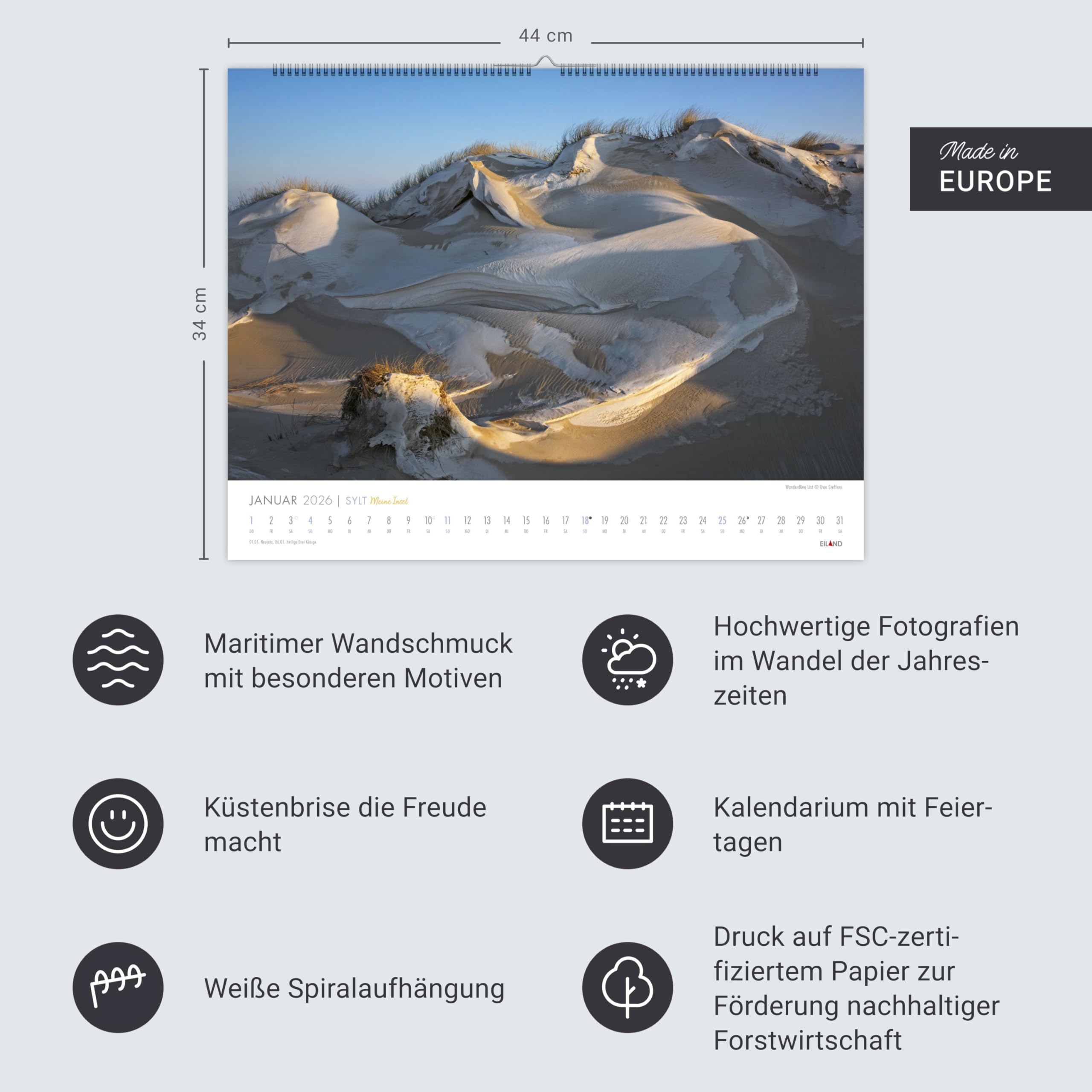 Sylt - Meine Insel Kalender 2026: Reise-Wandkalender mit 12 atemberaubenden Fotografien der Nordseeinsel. Landschafts-Kalender 2026 zum Aufhängen. 44 x 34 cm. Querformat.