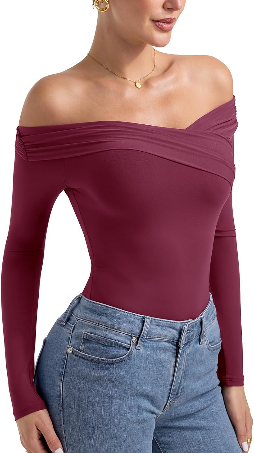 PINKMSTYLE Sexy Mesh Off The Shoulder Bodysuits For Women Double Lined Long Sleeve Bodysuit Going Out Tops - Image 4