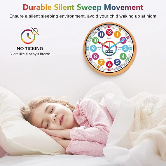 Homotte Kids Wall Clock for Bedroom, 10 Inch Round Multi-Colored Learning Clock, Children's Silent Analog Non-Ticking Educational Wall Clock, Gifts for Boys and Girls Home Decor
